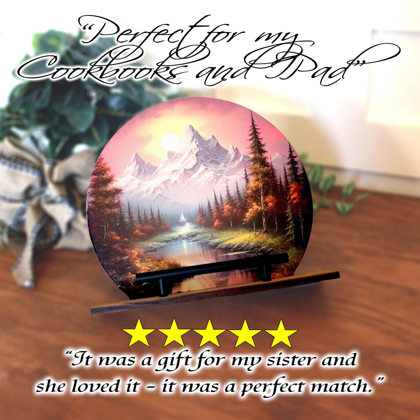 Personalized wooden cookbook stand, tablet & Ipad holder, Rustic Mountain Sunrise, Family Recipe Holder, UV Printed Bamboo Stan or Easel