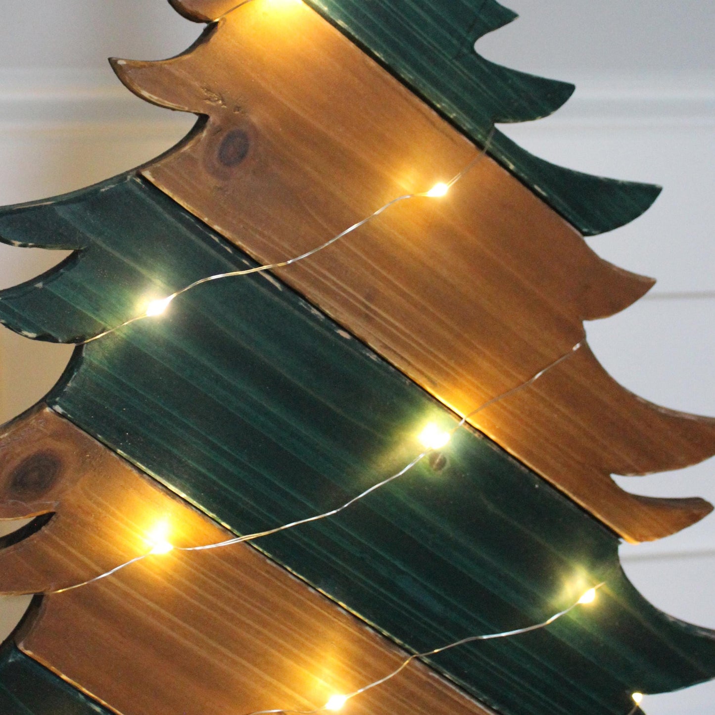 Rustic Green And Brown Wood Christmas Tree With Fairy Lights, Farmhouse Personalized Tabletop Decor, Fireplace Mantel Decoration