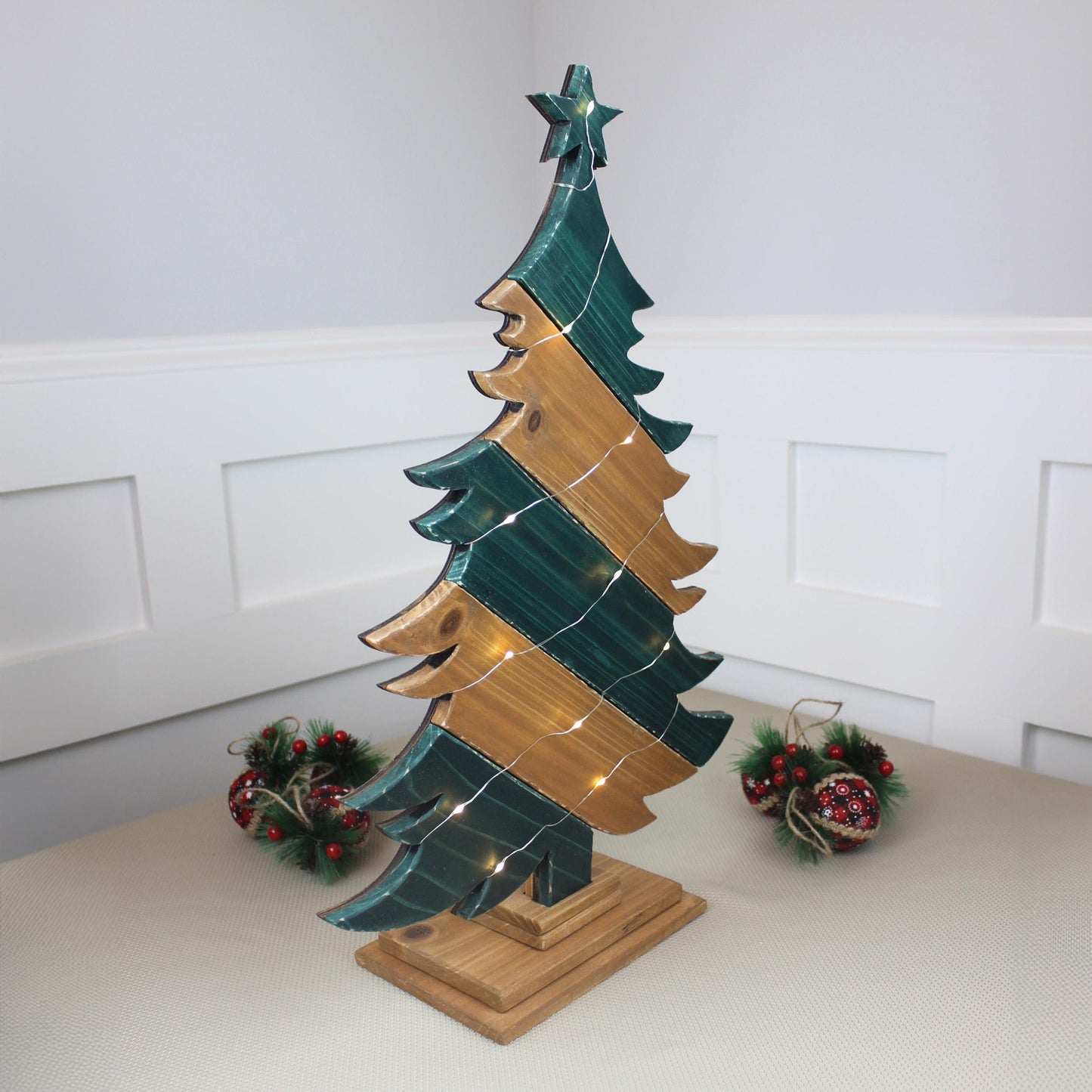 Rustic Green And Brown Wood Christmas Tree With Fairy Lights, Farmhouse Personalized Tabletop Decor, Fireplace Mantel Decoration