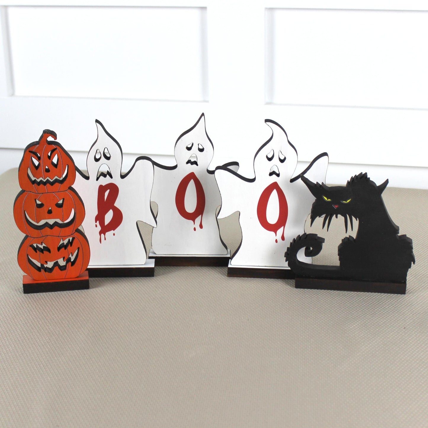 Handcrafted Rustic Wooden Pumpkins Ghosts and Black Cat, Decorative Halloween Fireplace Mantle Gift, Tabletop and Shelf Decoration