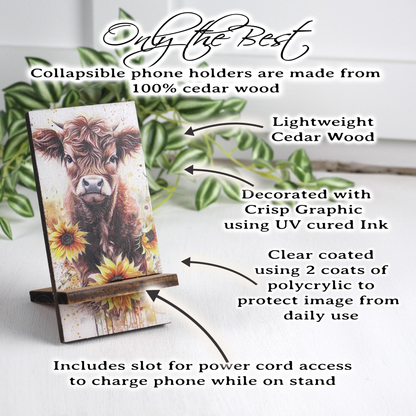 Personalized Highland Cow and Sunflowers cell phone stand, Rustic Wooden Phone Holder, Cute Decorative Custom Gift, Charging Cable Access