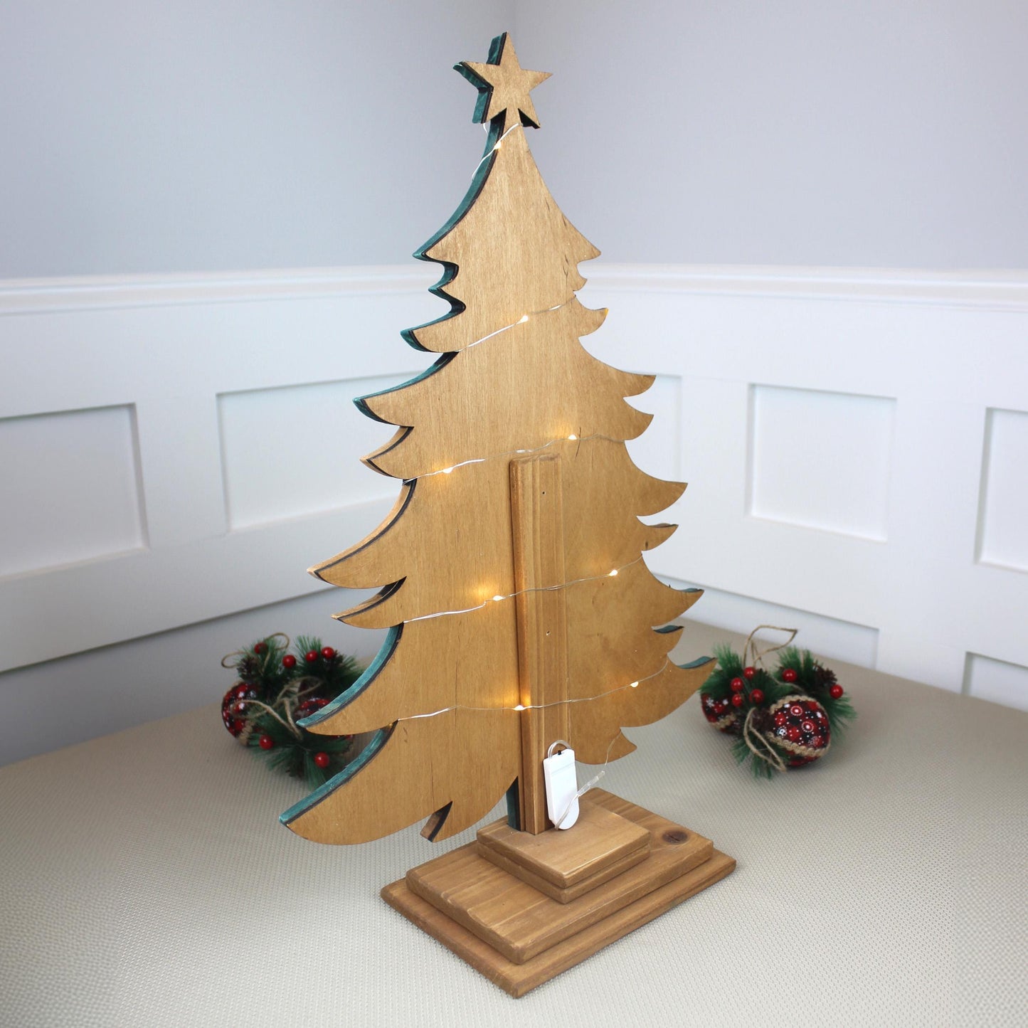 Rustic White Wood Christmas Tree With Fairy Lights, Farmhouse Personalized Tabletop Decor, Fireplace Mantel Decoration