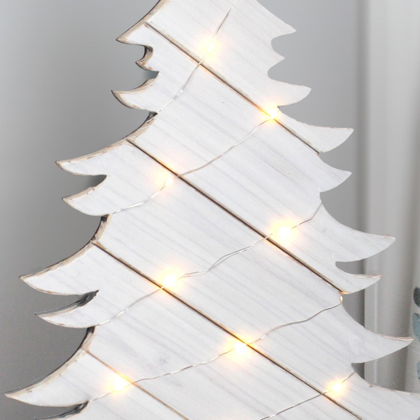 Rustic White Wood Christmas Tree With Fairy Lights, Farmhouse Personalized Tabletop Decor, Fireplace Mantel Decoration