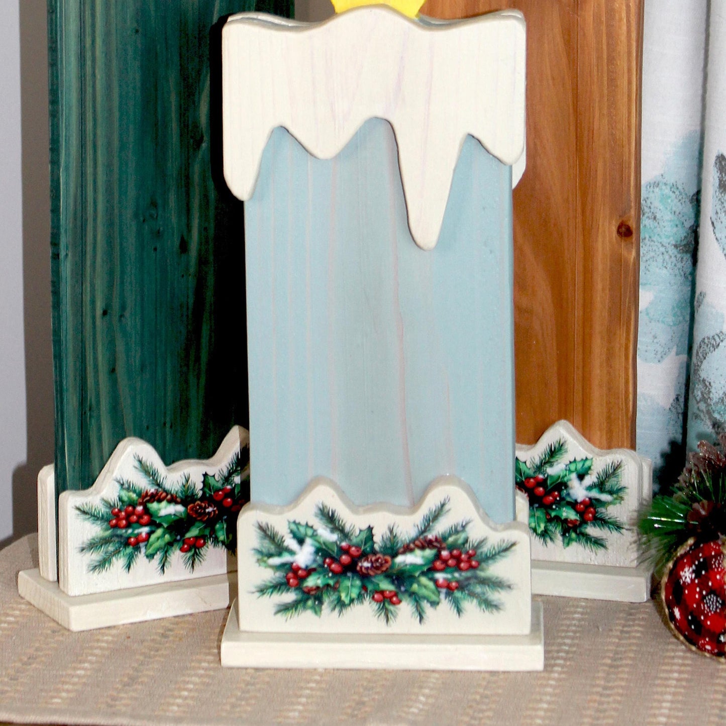 Set Of 3 Rustic Cedar Wood Christmas Candles, Modern Farmhouse Personalized Gift, Fireplace Mantel Decor, Front Porch Decoration