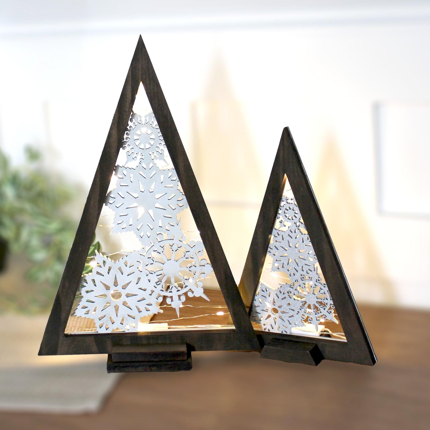 Modern Wooden Farmhouse Lighted Christmas Tree, Rustic Holiday Fireplace Mantel Decoration, Minimal Table top Centerpiece Decor, Shelf Decor