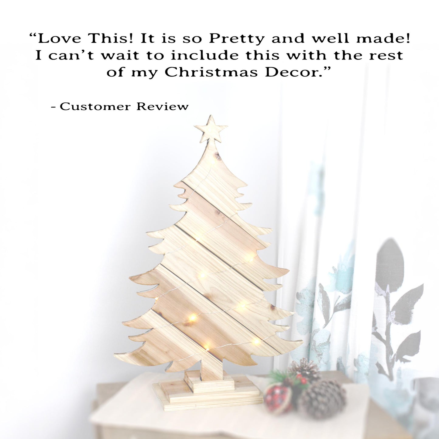 Rustic Natural Wood Christmas Tree With Fairy Lights, Farmhouse Personalized Tabletop Decor, Fireplace Mantel Decoration