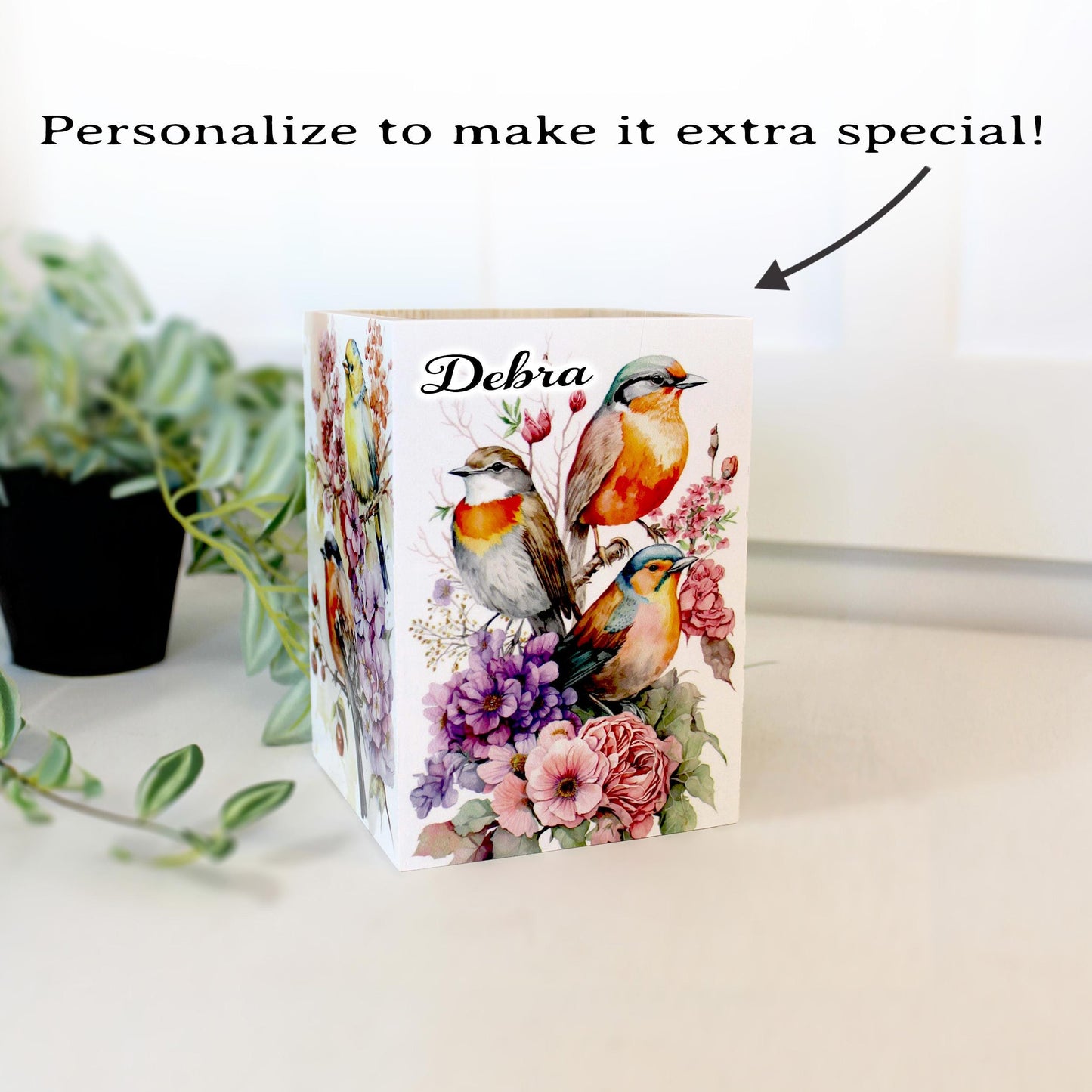 Unique Gifts for Birders, Beautiful Unique Utensil Holder, Bird Lovers Gift with Beautiful Spring Birds Art Decorating all 4 Sides in UV Ink