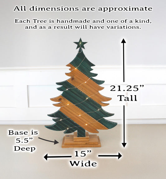 Rustic Green And Brown Wood Christmas Tree With Fairy Lights, Farmhouse Personalized Tabletop Decor, Fireplace Mantel Decoration