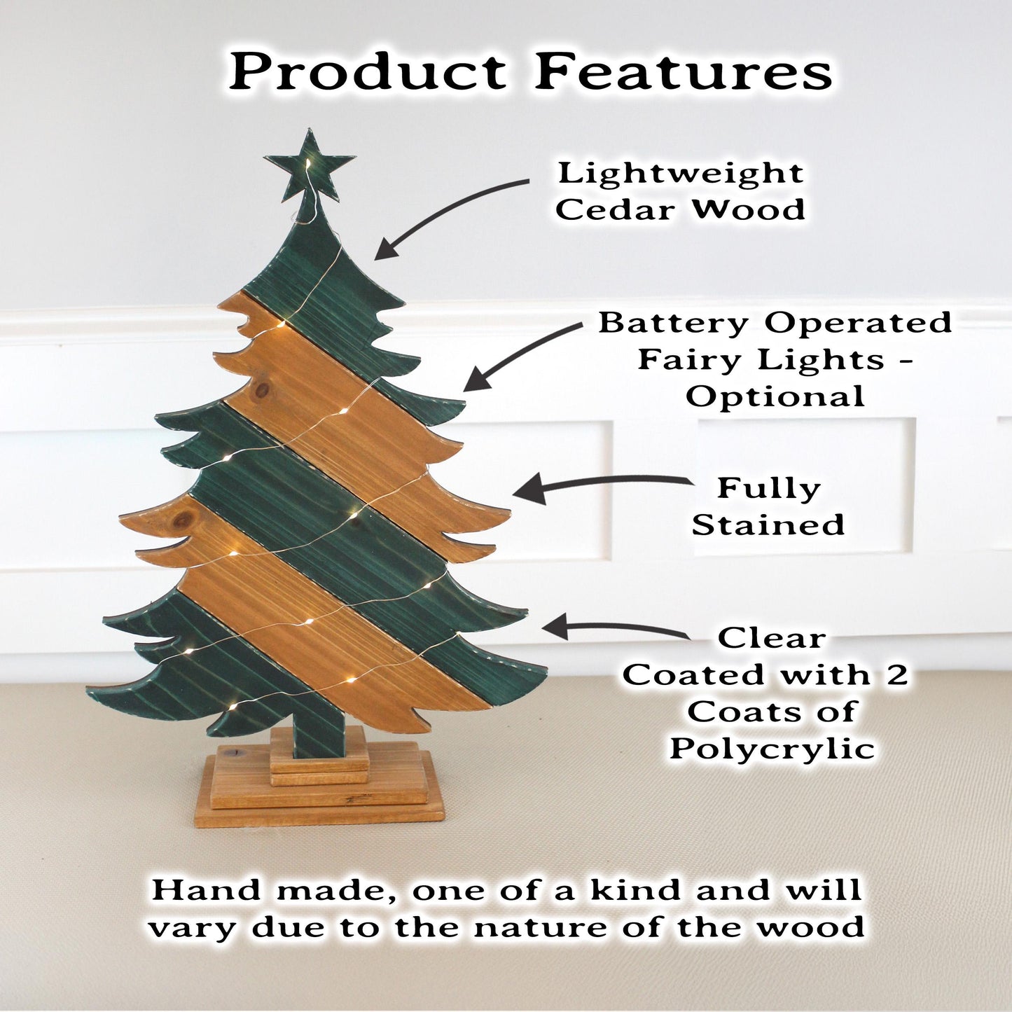 Rustic Green And Brown Wood Christmas Tree With Fairy Lights, Farmhouse Personalized Tabletop Decor, Fireplace Mantel Decoration