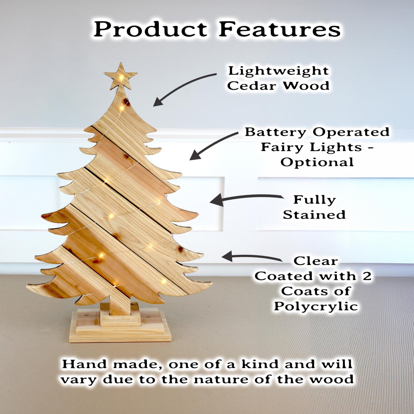 Rustic Natural Wood Christmas Tree With Fairy Lights, Farmhouse Personalized Tabletop Decor, Fireplace Mantel Decoration