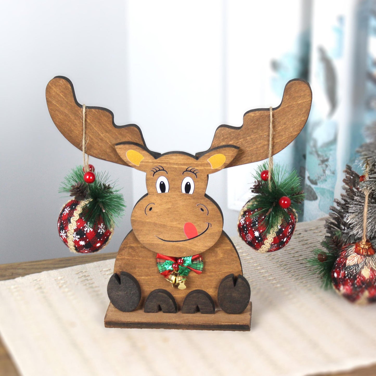Rustic Wooden Moose, Modern Christmas Farmhouse Decor, Fireplace Mantel Decoration, Tabletop Centerpiece