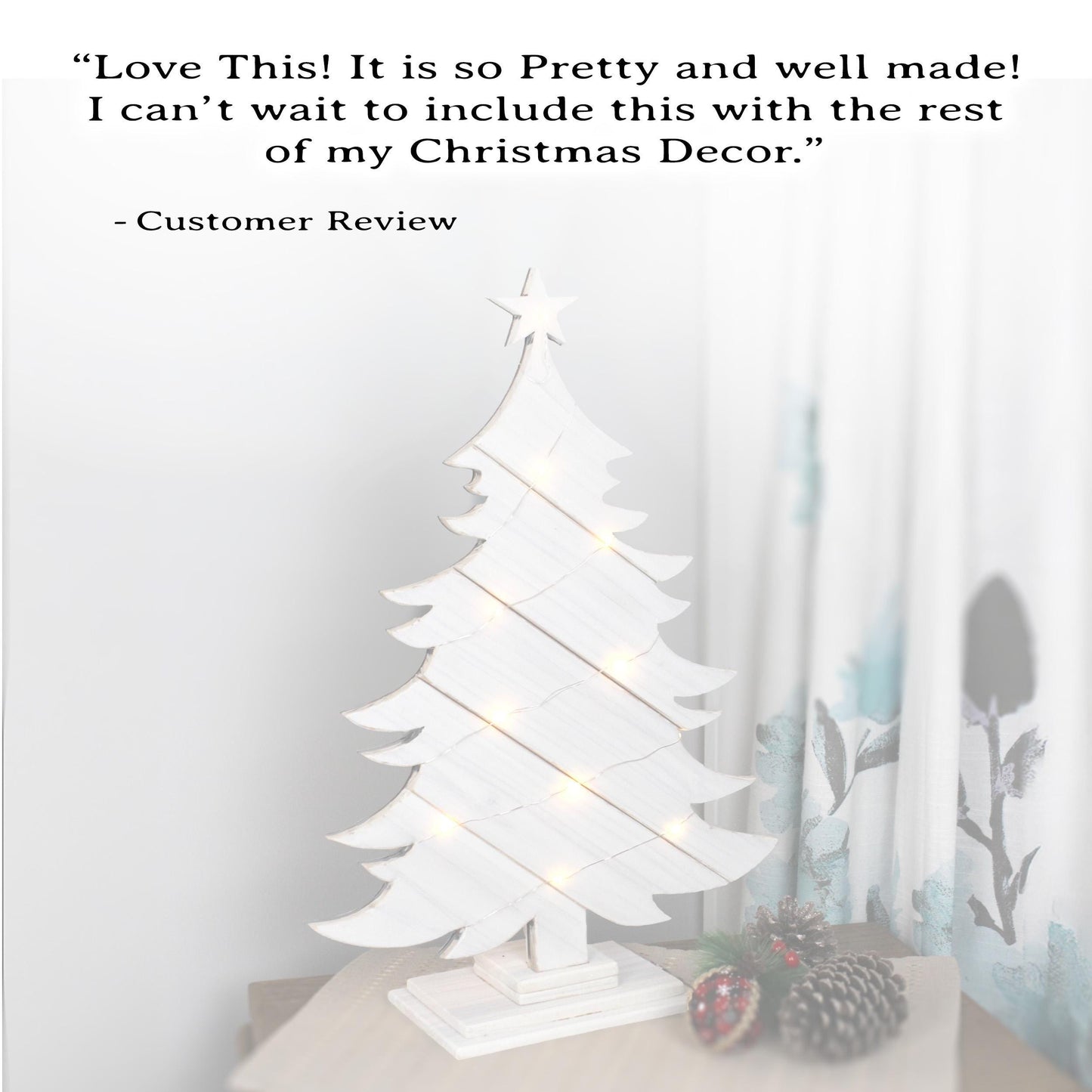 Rustic White Wood Christmas Tree With Fairy Lights, Farmhouse Personalized Tabletop Decor, Fireplace Mantel Decoration
