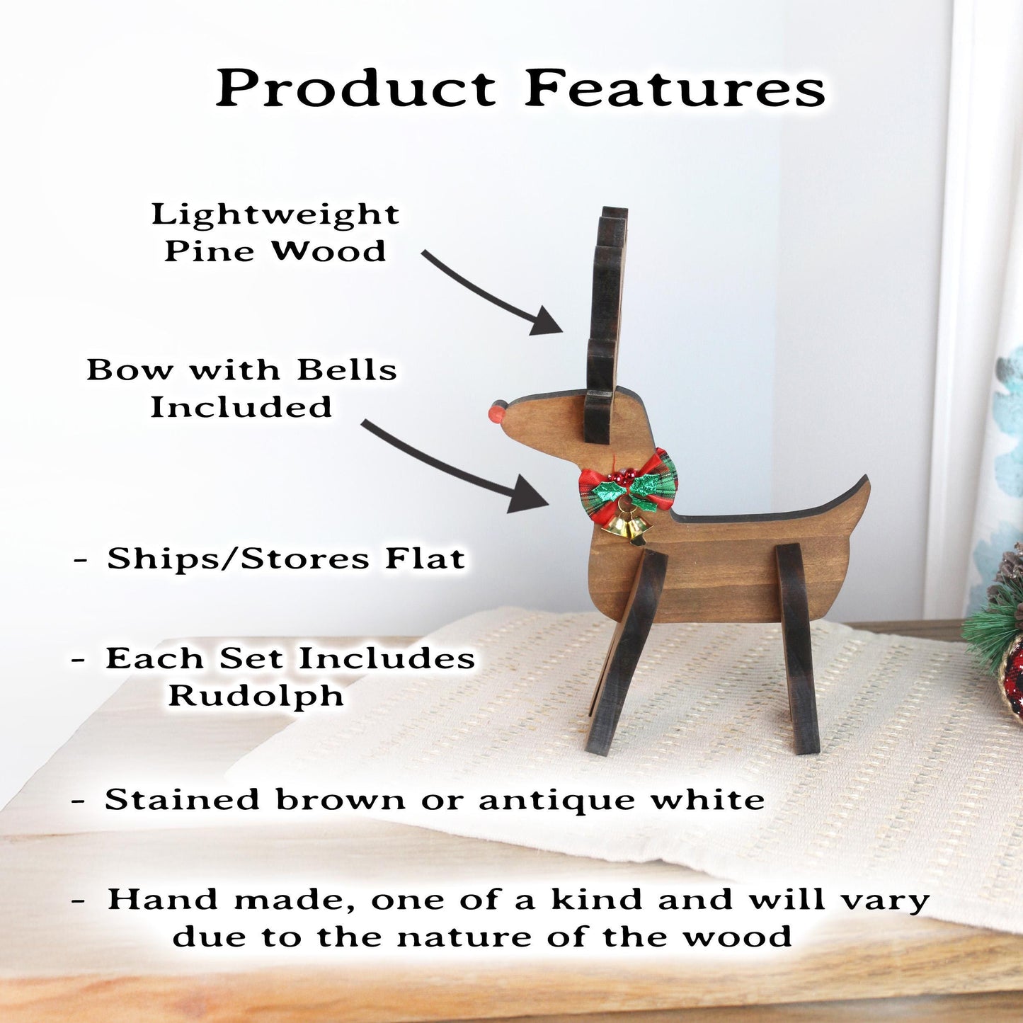 Rustic Wooden Christmas Reindeer Set of 2, Modern Farmhouse Decor, Antique White or Brown, Fireplace Mantel Decoration, Tabletop Centerpiece