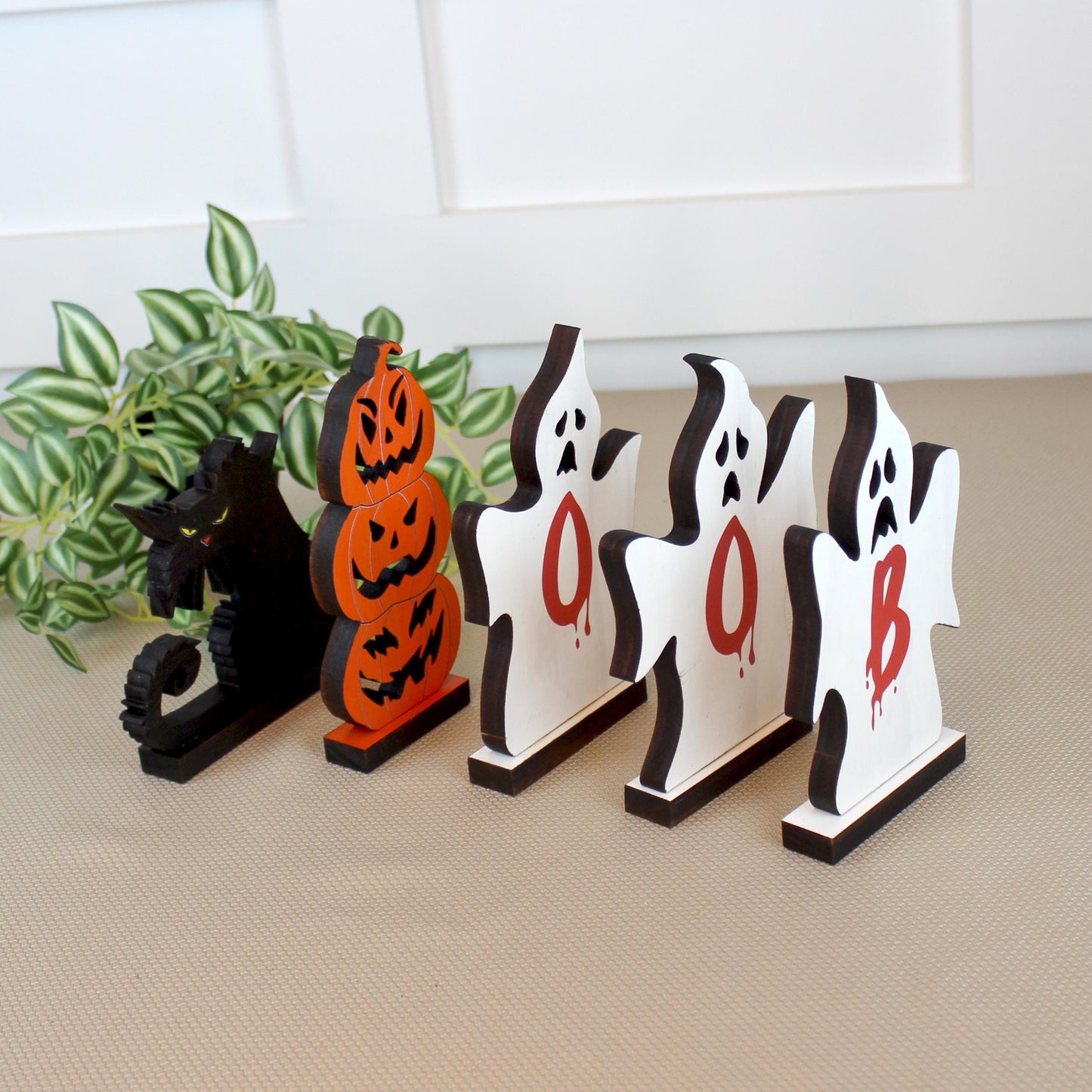 Handcrafted Rustic Wooden Pumpkins Ghosts and Black Cat, Decorative Halloween Fireplace Mantle Gift, Tabletop and Shelf Decoration