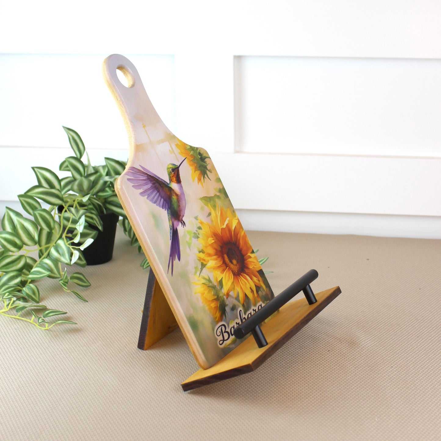 Sunflowers And Purple Hummingbird Cookbook Stand, Wooden Kitchen Recipe Holder, Personalized Ipad And Tablet Stand, Custom Gift For Cooks