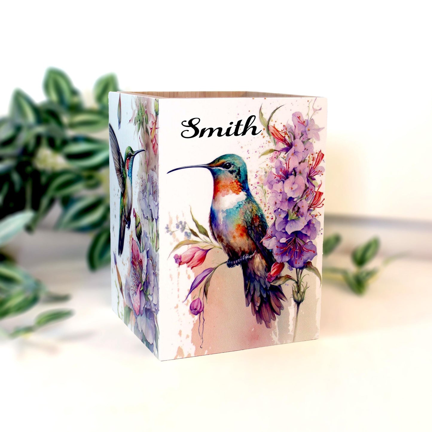 Hummingbirds Utensil Holder, Eco-Friendly Bamboo Wood, Beautiful Hummingbird Art Decorating 4 Sides in UV Ink & Protected with Polycrylic