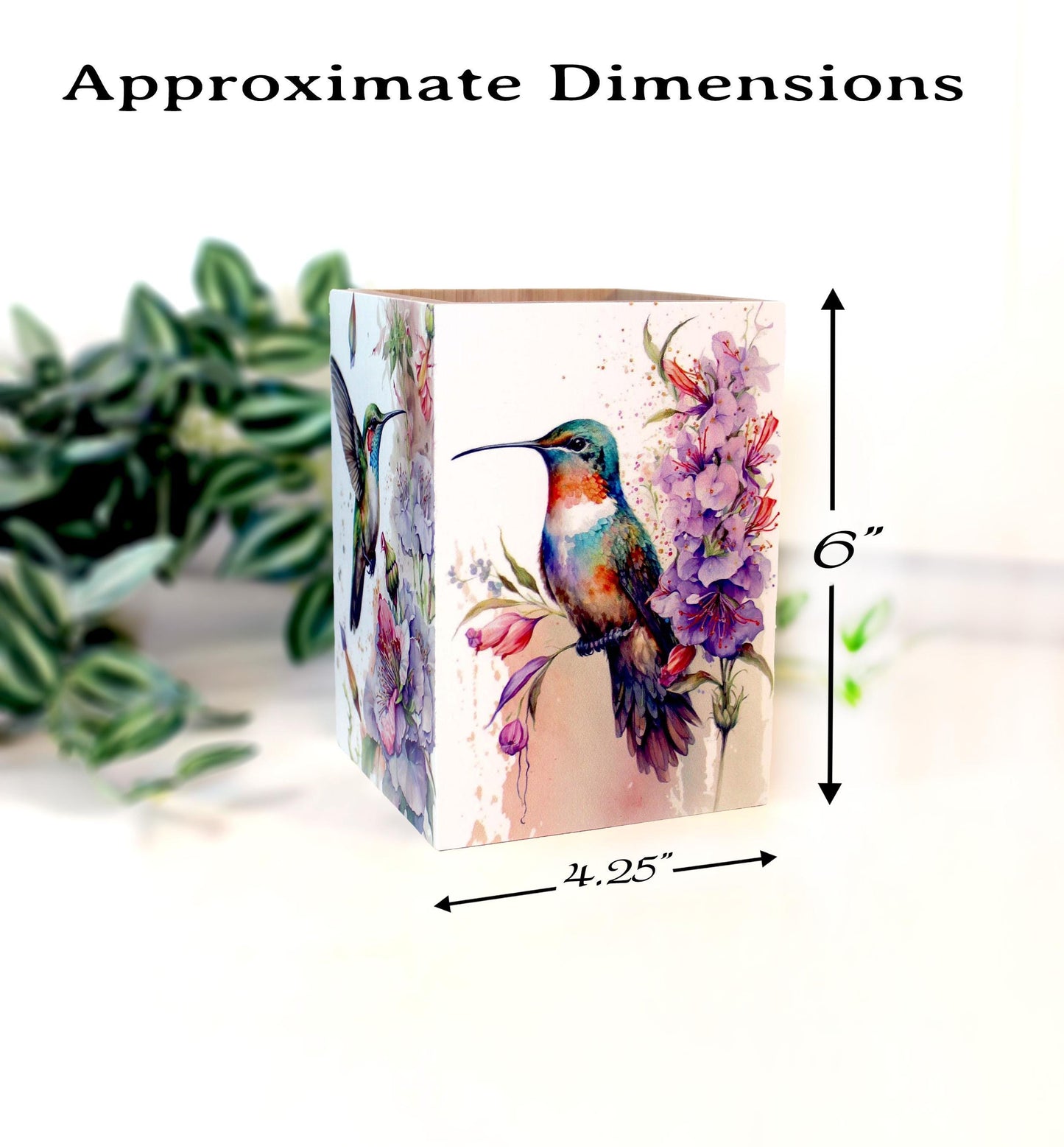 Hummingbirds Utensil Holder, Eco-Friendly Bamboo Wood, Beautiful Hummingbird Art Decorating 4 Sides in UV Ink & Protected with Polycrylic