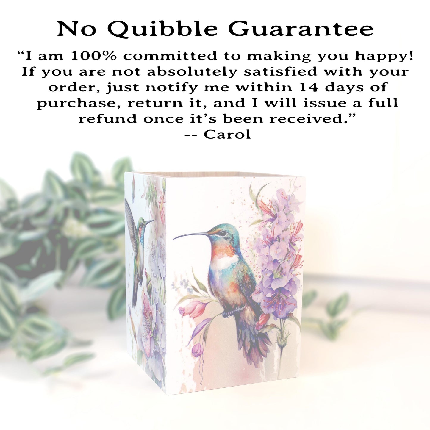 Hummingbirds Utensil Holder, Eco-Friendly Bamboo Wood, Beautiful Hummingbird Art Decorating 4 Sides in UV Ink & Protected with Polycrylic