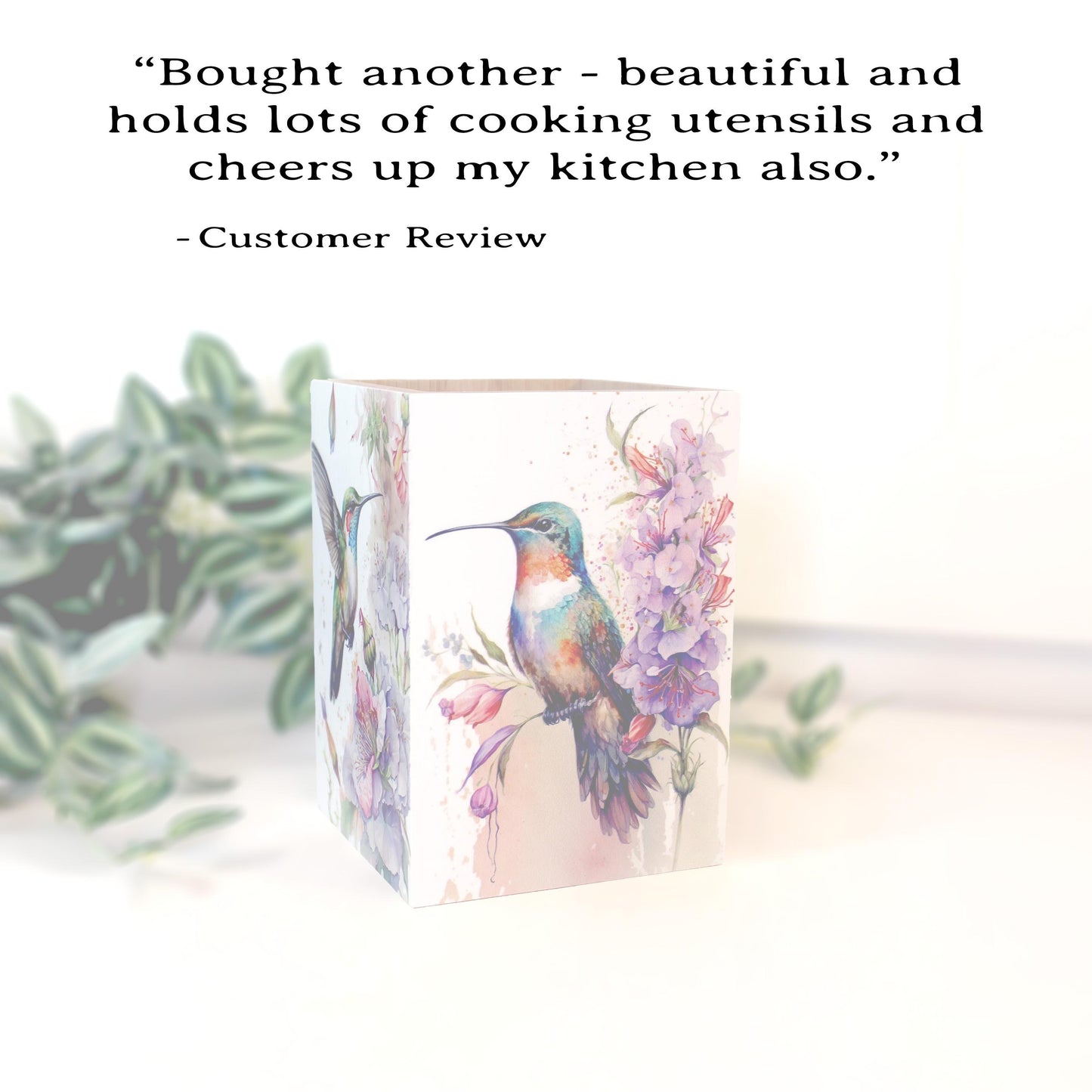 Hummingbirds Utensil Holder, Eco-Friendly Bamboo Wood, Beautiful Hummingbird Art Decorating 4 Sides in UV Ink & Protected with Polycrylic