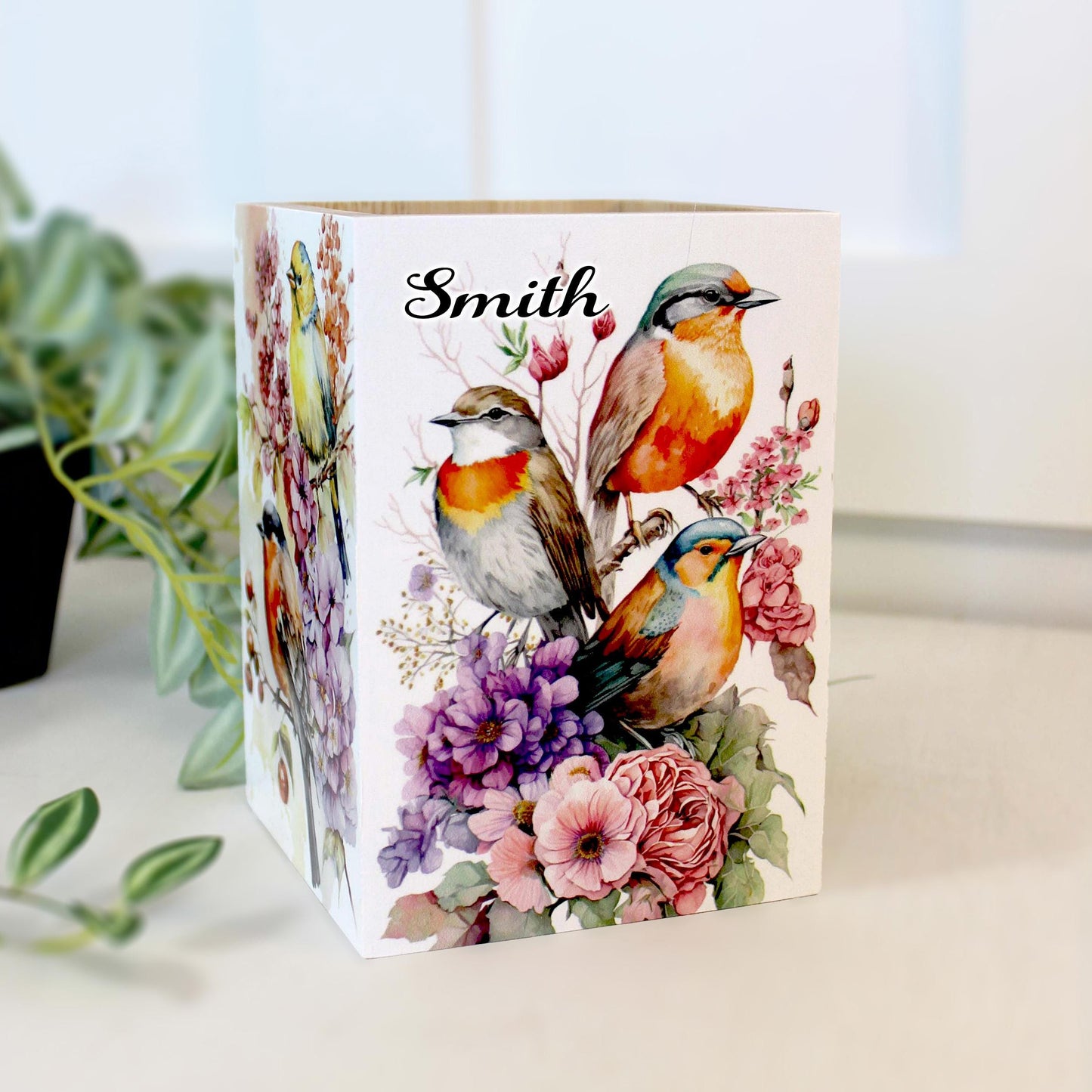 Unique Gifts for Birders, Beautiful Unique Utensil Holder, Bird Lovers Gift with Beautiful Spring Birds Art Decorating all 4 Sides in UV Ink
