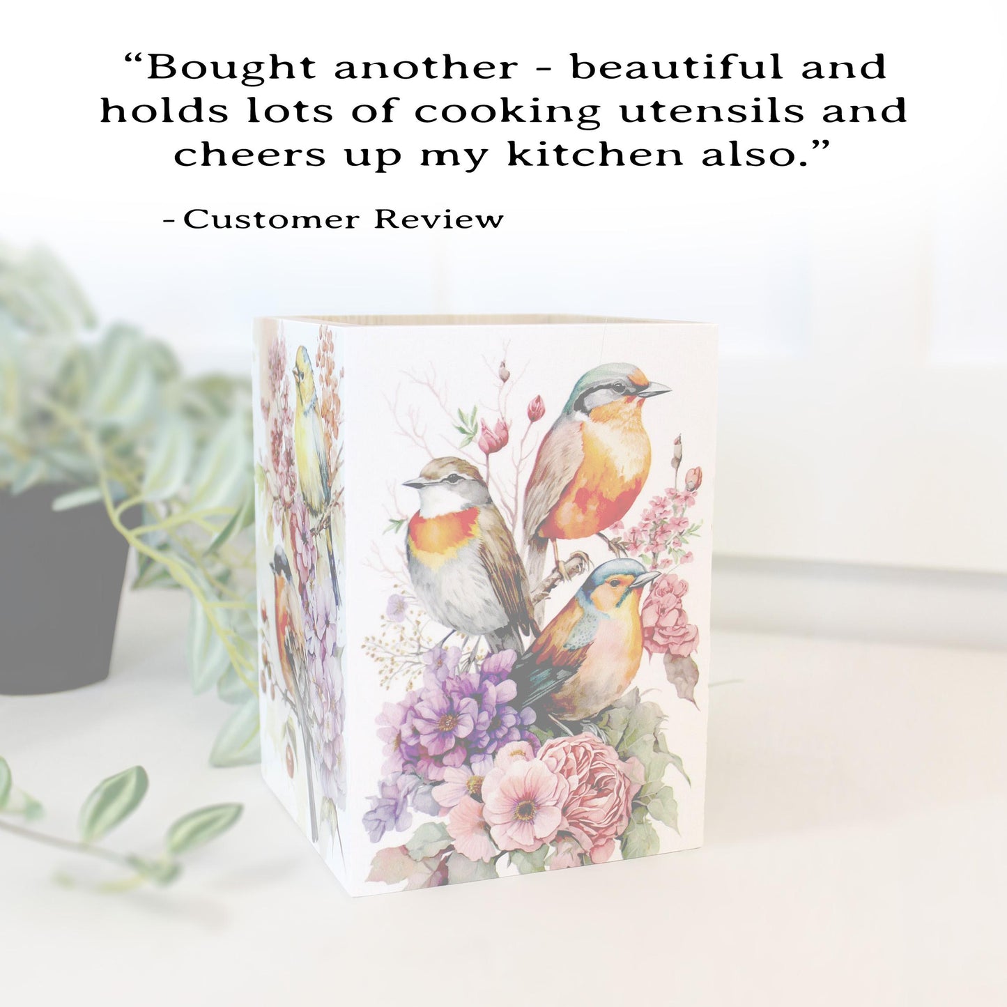 Unique Gifts for Birders, Beautiful Unique Utensil Holder, Bird Lovers Gift with Beautiful Spring Birds Art Decorating all 4 Sides in UV Ink