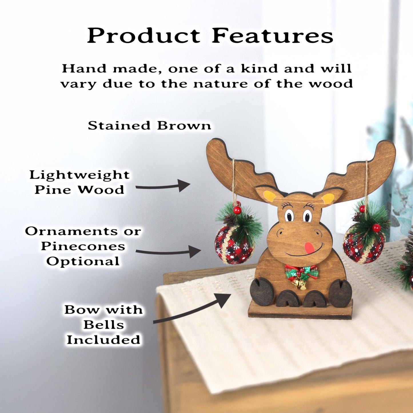 Rustic Wooden Moose, Modern Christmas Farmhouse Decor, Fireplace Mantel Decoration, Tabletop Centerpiece