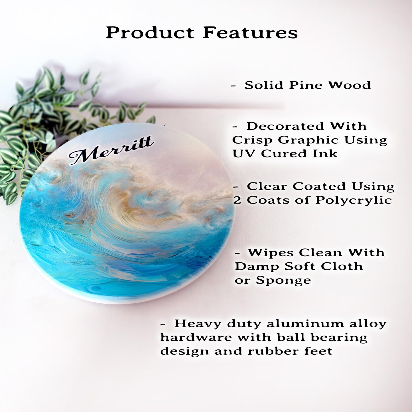 Ocean Wave Blue and Gold Wood Lazy Susan Turntable, Personalized Kitchen and Bath Organizer, Dining Table Centerpiece, Unique Gift Size Vary