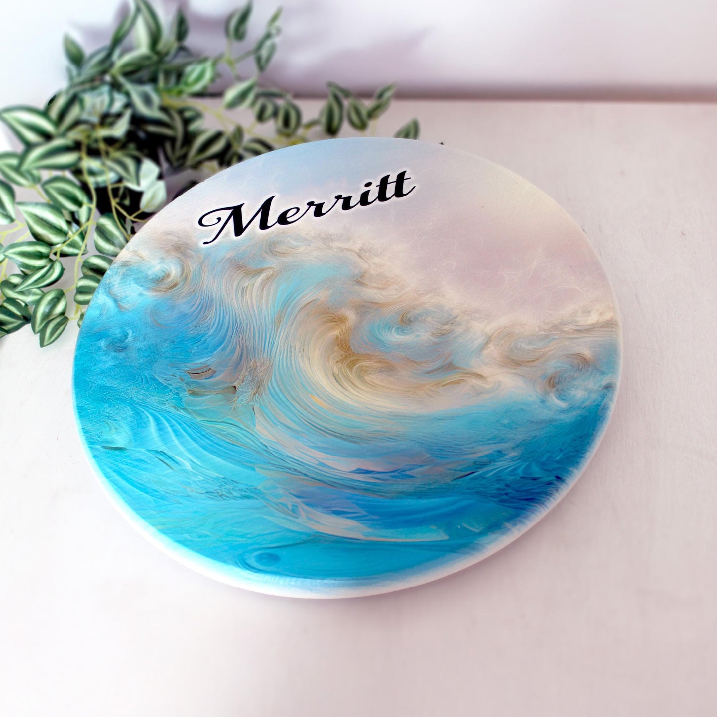 Ocean Wave Blue and Gold Wood Lazy Susan Turntable, Personalized Kitchen and Bath Organizer, Dining Table Centerpiece, Unique Gift Size Vary