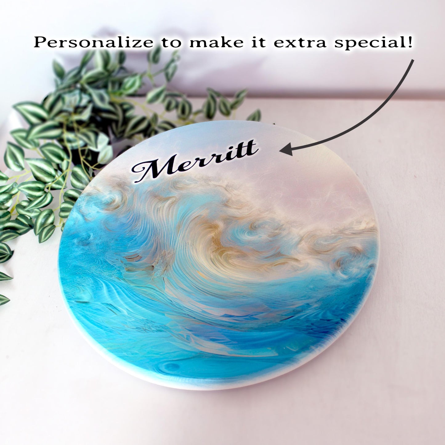 Ocean Wave Blue and Gold Wood Lazy Susan Turntable, Personalized Kitchen and Bath Organizer, Dining Table Centerpiece, Unique Gift Size Vary