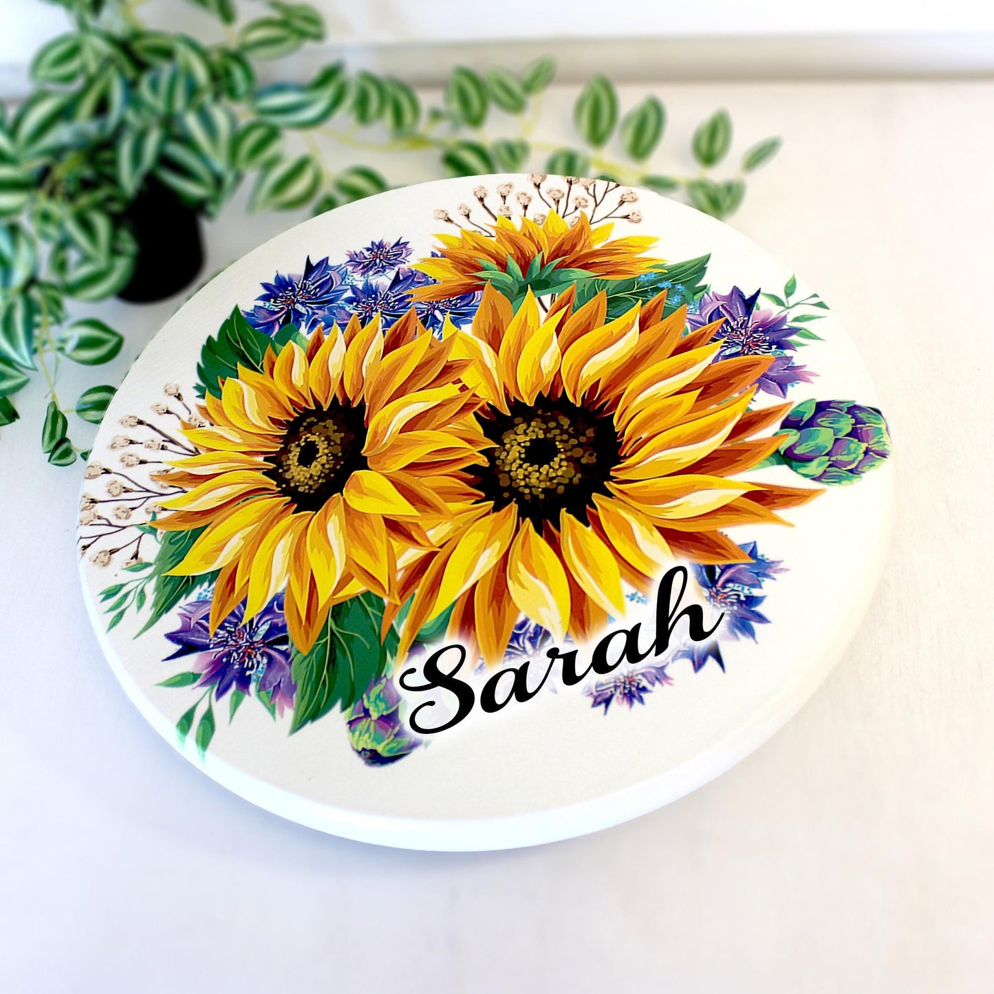 Sunflowers and Cornflowers Custom Lazy Susan Turntable, Personalized Kitchen and Bath Organizer, Unique Dining Table Centerpiece, Sizes Vary