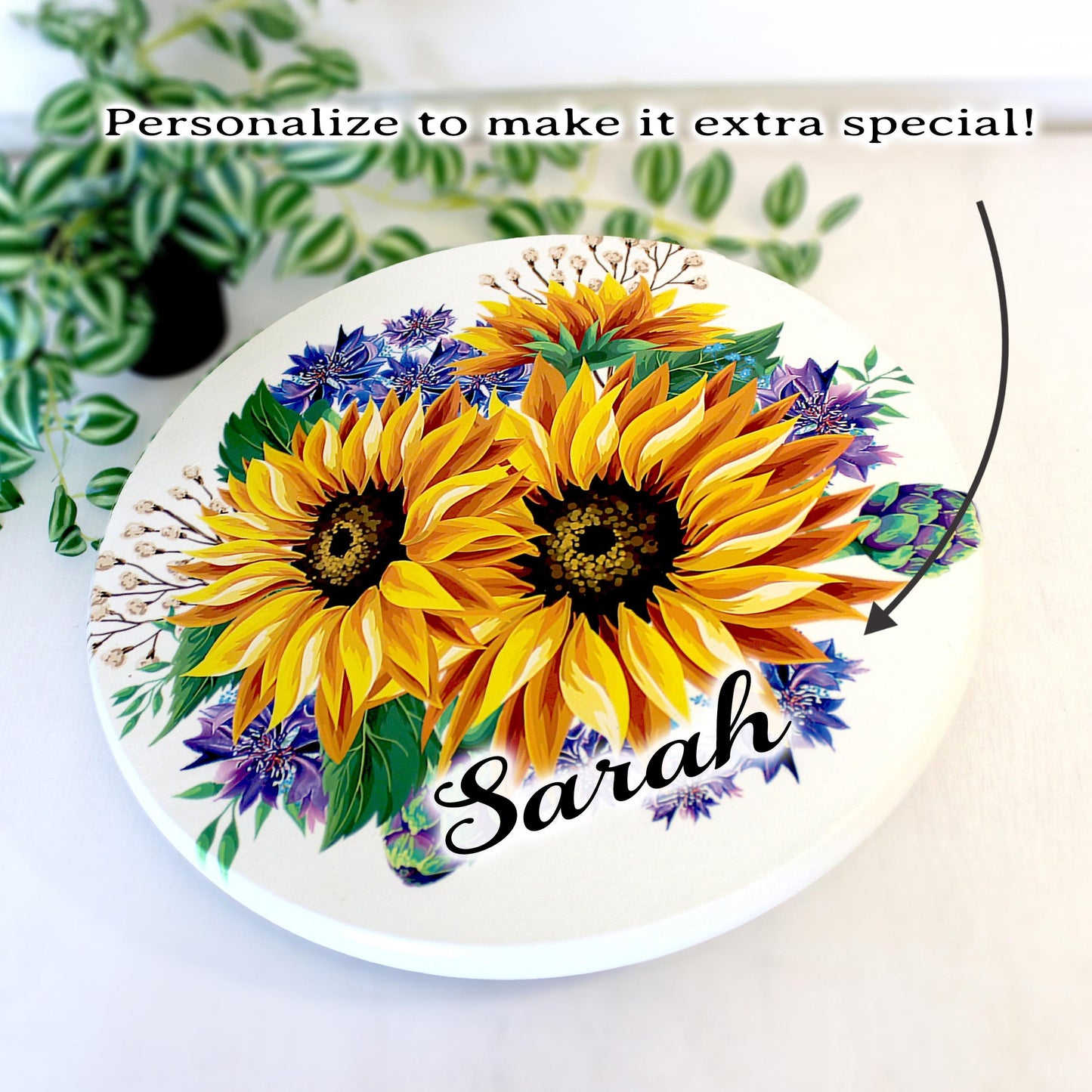 Sunflowers and Cornflowers Custom Lazy Susan Turntable, Personalized Kitchen and Bath Organizer, Unique Dining Table Centerpiece, Sizes Vary