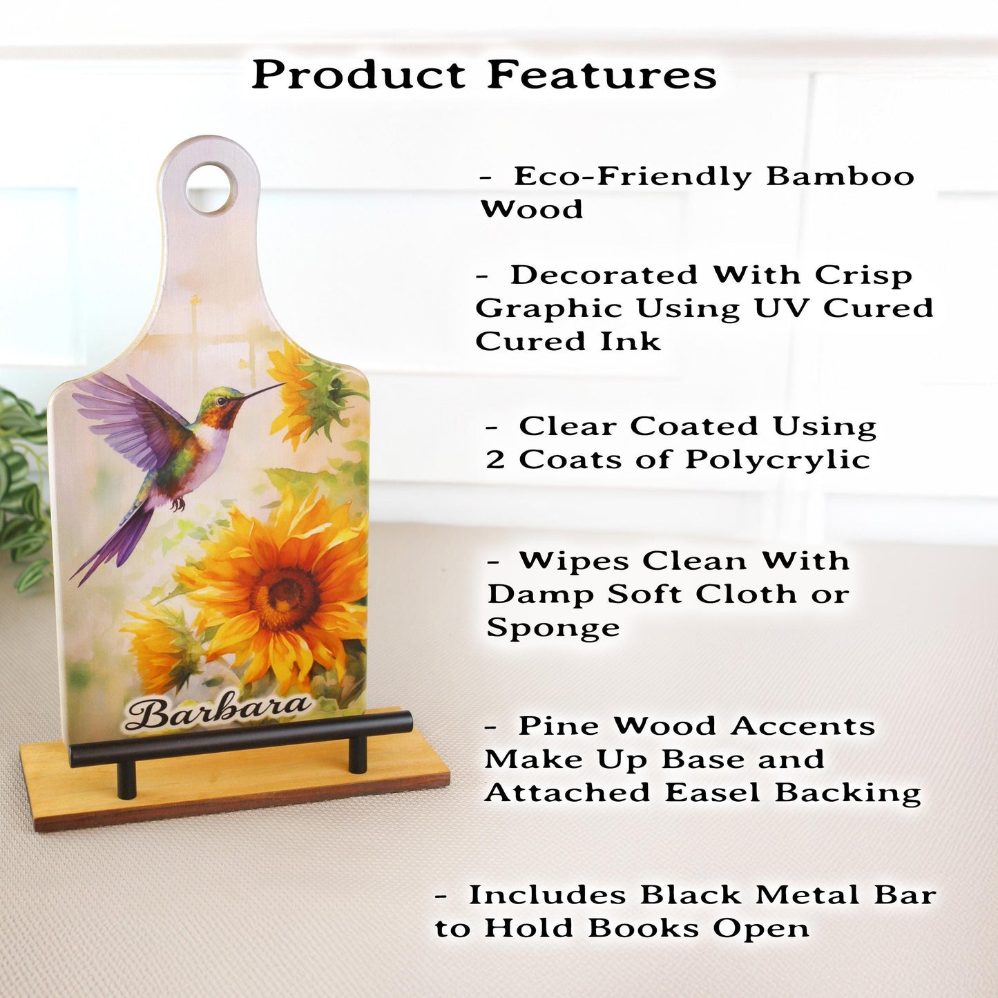 Sunflowers And Purple Hummingbird Cookbook Stand, Wooden Kitchen Recipe Holder, Personalized Ipad And Tablet Stand, Custom Gift For Cooks