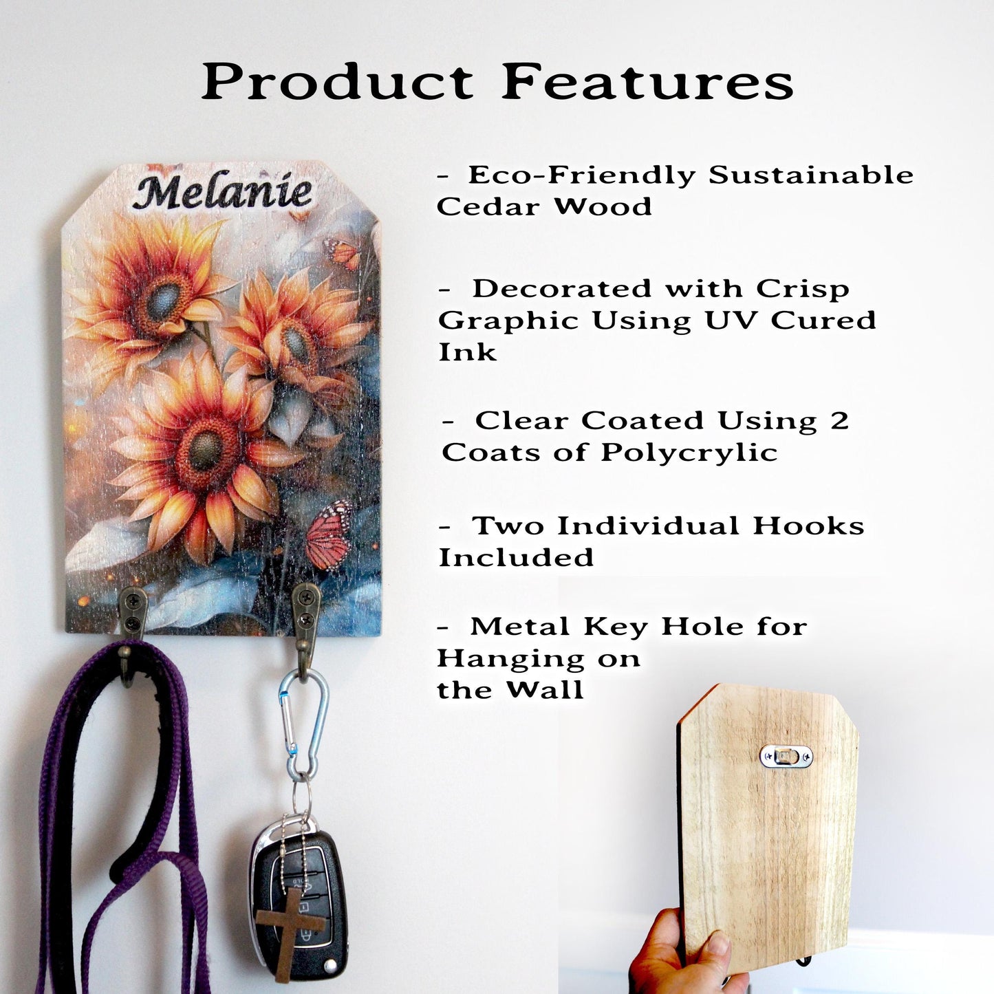 Personalized Wall Mounted Coat Rack, Wooden Key Holder, Bathroom Pool Towel Hook, Dog Leash Holder, Sunflower Lovers Gift