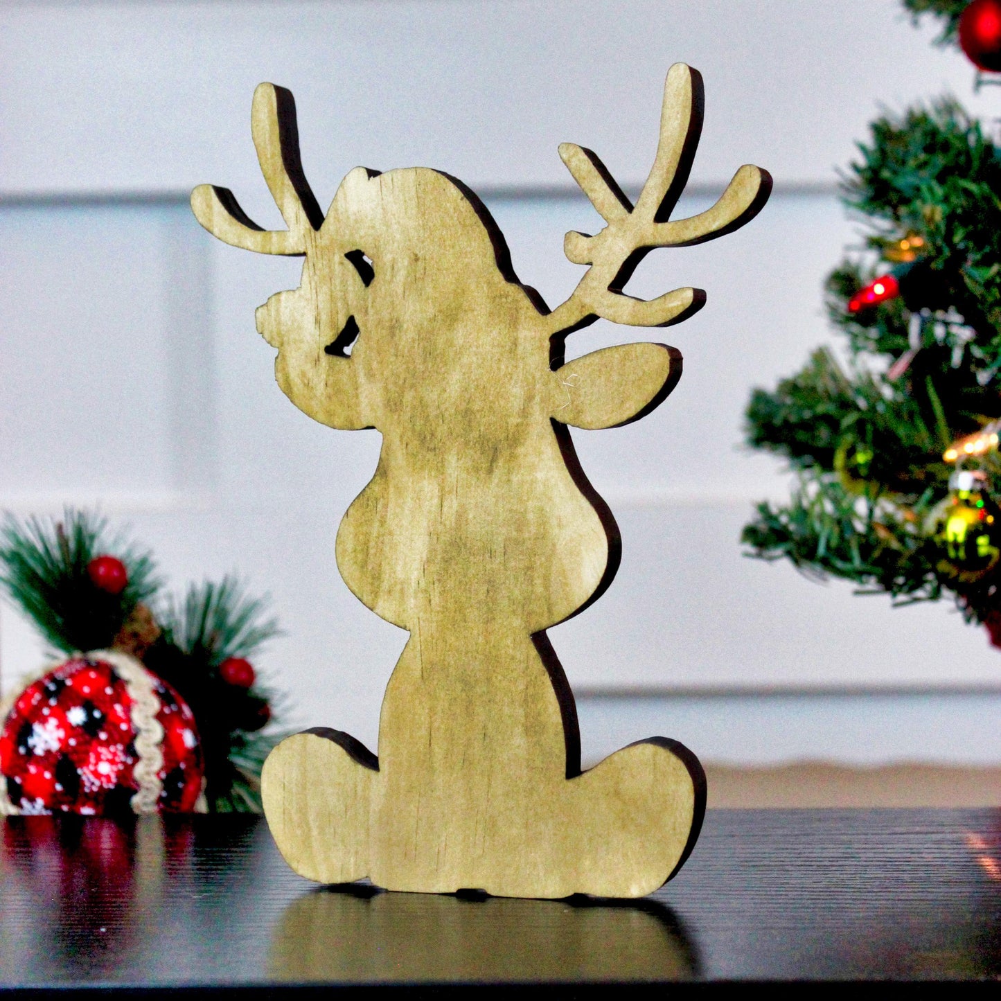 Rustic Christmas Shelf Sitter, Layered Pine & Poplar Wood Christmas Decor with Red Nose Magic, Farmhouse Holiday Mantel or Tabletop Decor