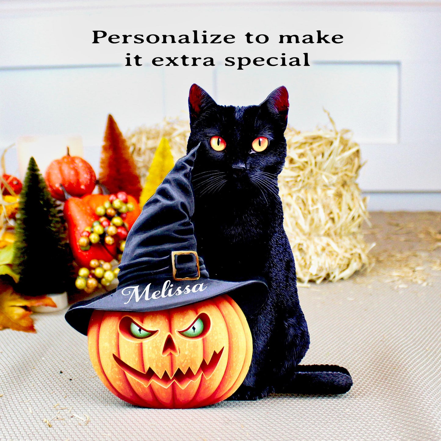 Custom Halloween Pumpkin with Cat, Personalized Shelf Sitter with Name, For Cat Lovers, Add a Soft Glow of Personality To Your Spooky Season