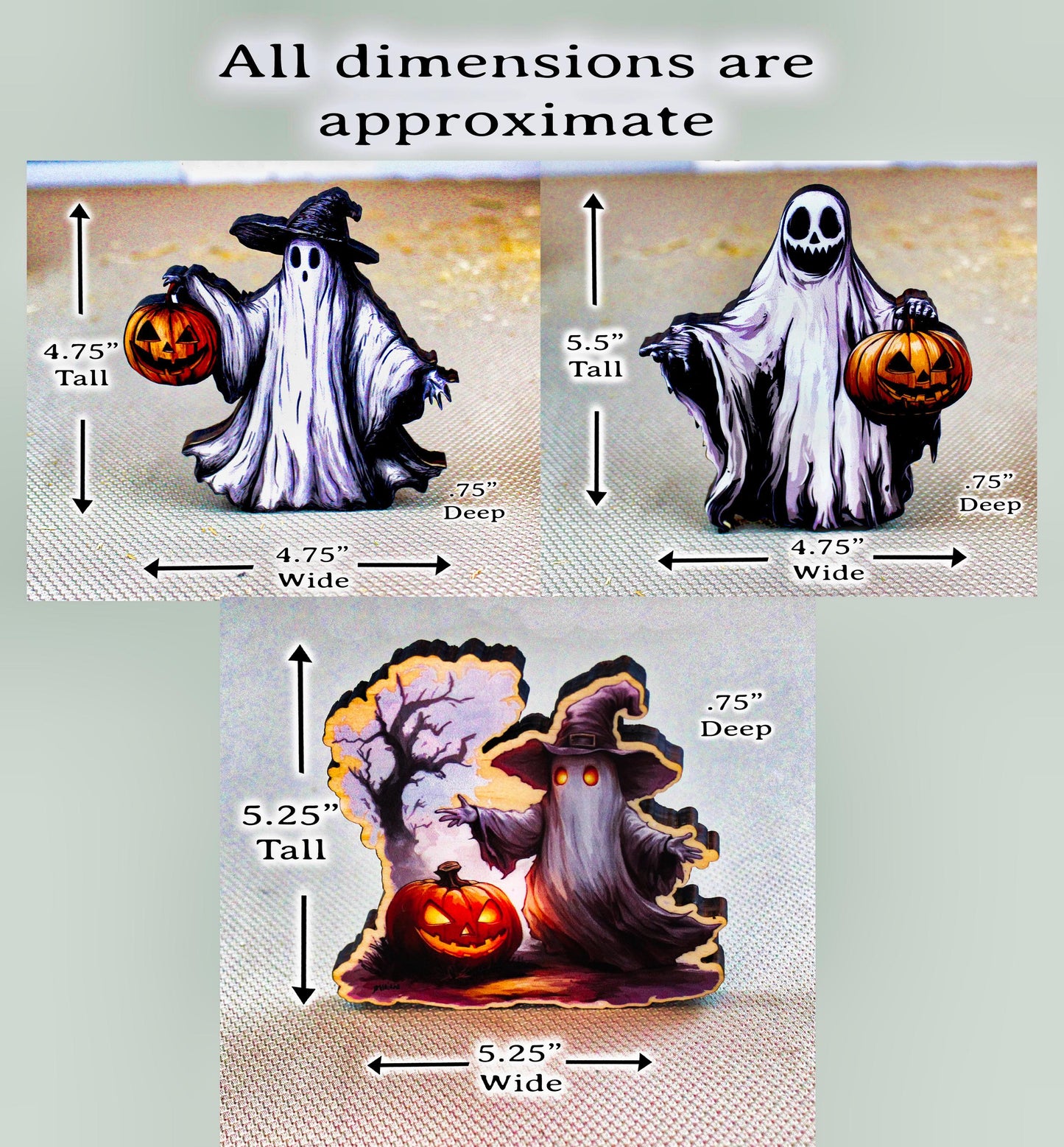 Halloween Ghost Shelf Sitters – Set of 3 Spooky-Cute Spirits with Pumpkins – Personalized Haunted House Décor, A Spooky-Cute Storybook