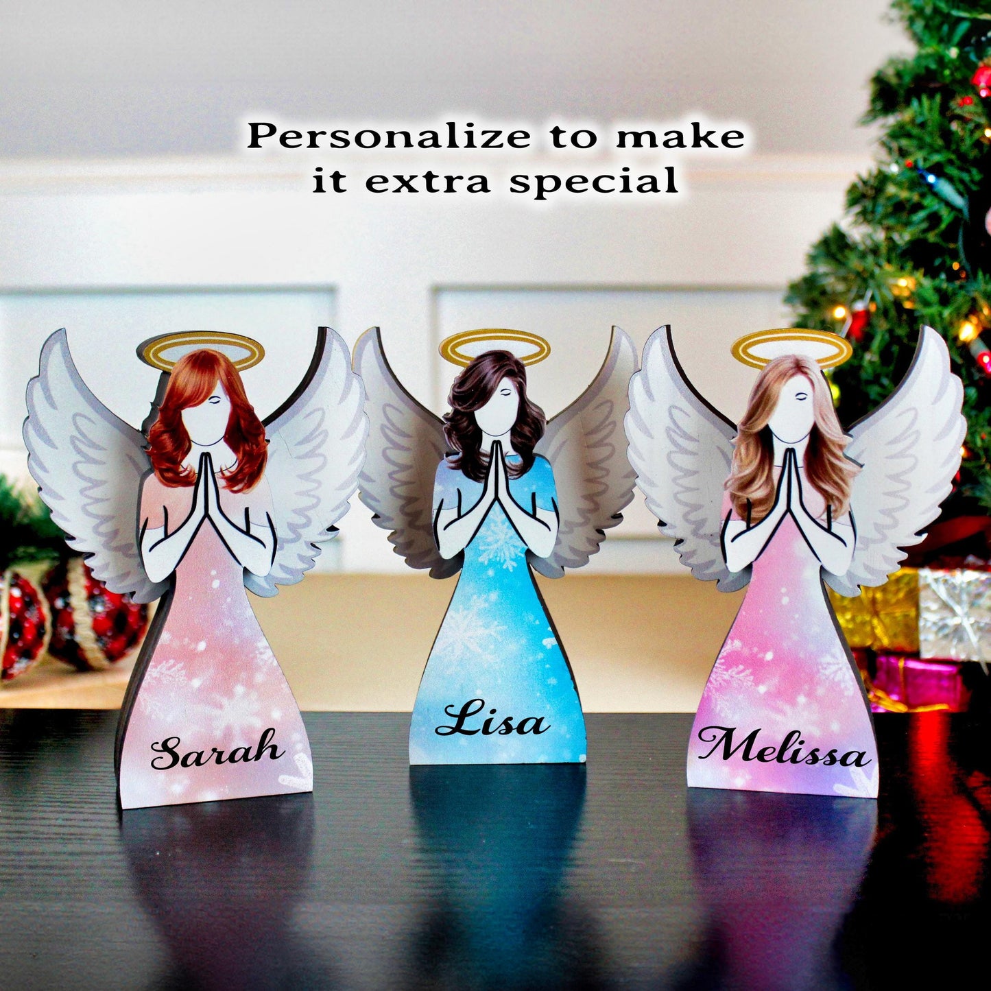 Angel Shelf Sitter Set, 3-Piece Pine Wood Christmas Angels, UV Printed Double-Layer Blonde, Brunette and Redhead Symbolizing Love & Light