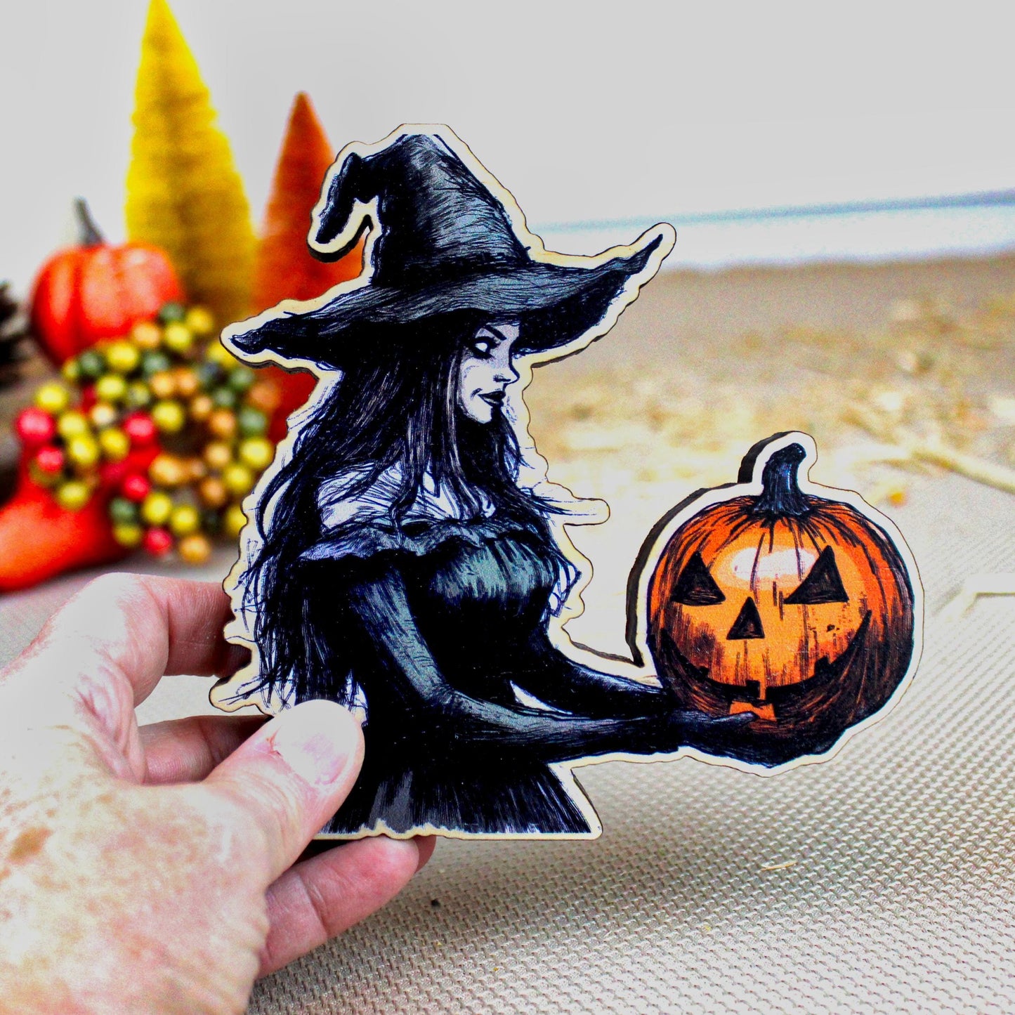 Halloween Witch Shelf Sitter – Solid poplar Wood Decor, she protects the magic, For Tiered Trays. Mantels & Shelves, Rustic Farmhouse