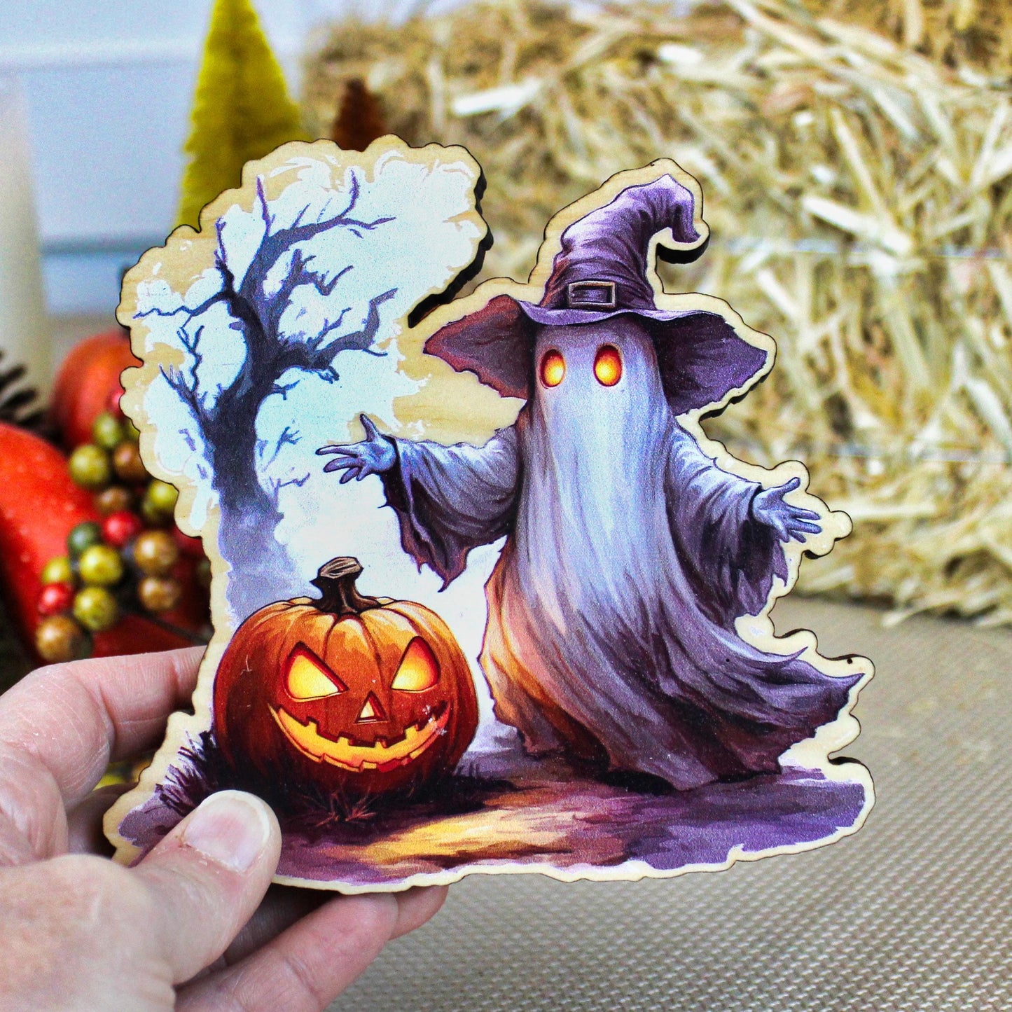 Custom Halloween Ghost Shelf Sitter, Spooky Tree & Pumpkin, A Keepsake Filled With Wonder, Decor for Tiered Trays. Mantels and Shelves