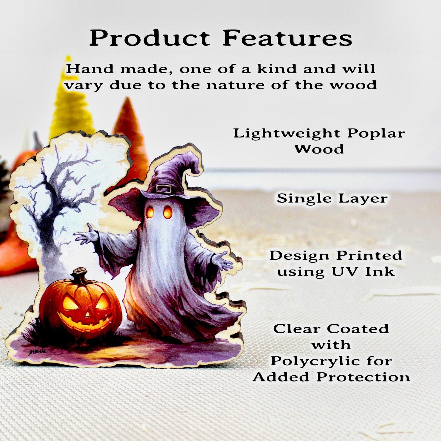 Custom Halloween Ghost Shelf Sitter, Spooky Tree & Pumpkin, A Keepsake Filled With Wonder, Decor for Tiered Trays. Mantels and Shelves