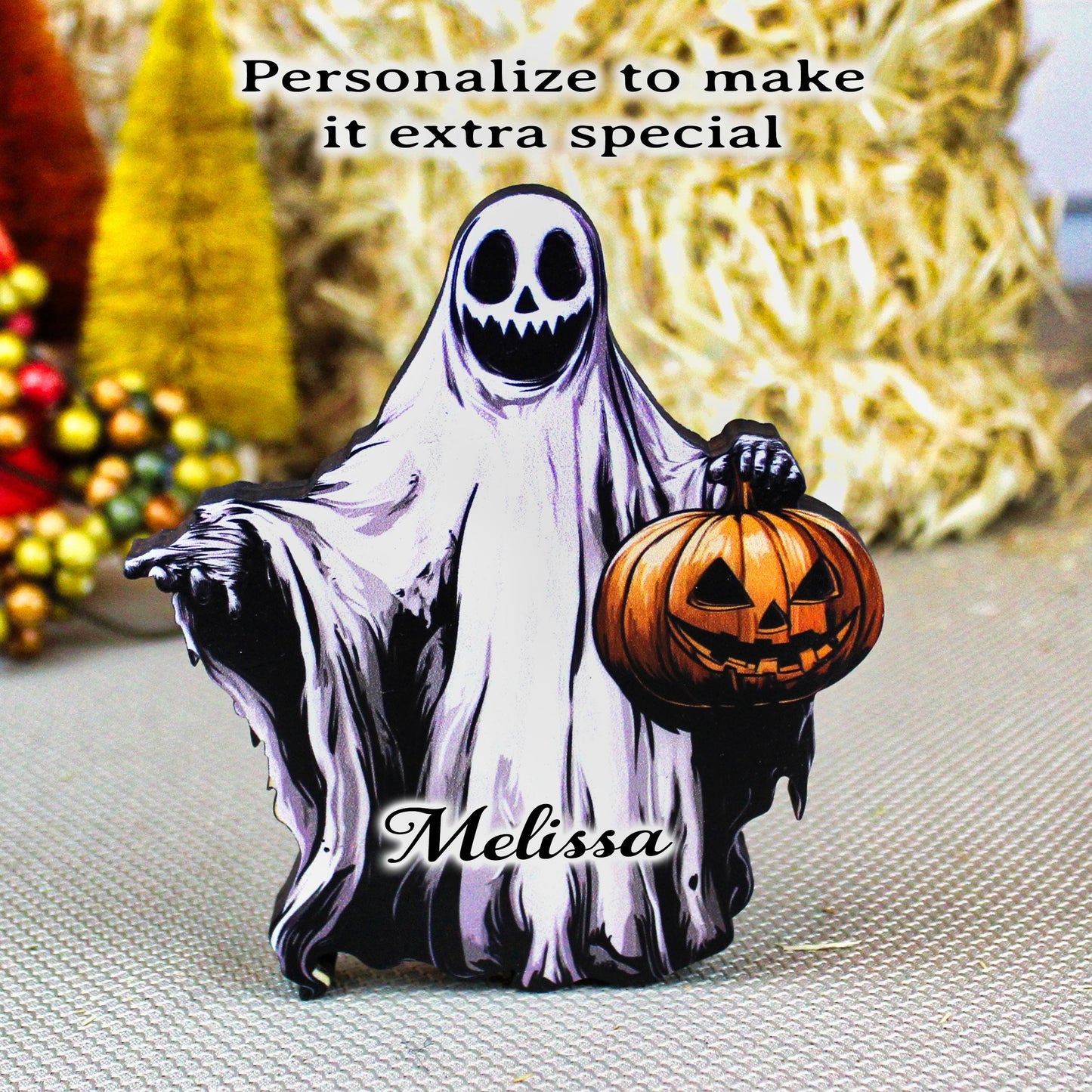 Personalized Ghost Shelf Sitter – Halloween Pumpkin Spirit with Name – Spooky Cute Custom Fall Decor, Memories of Pillowcases Full of Candy