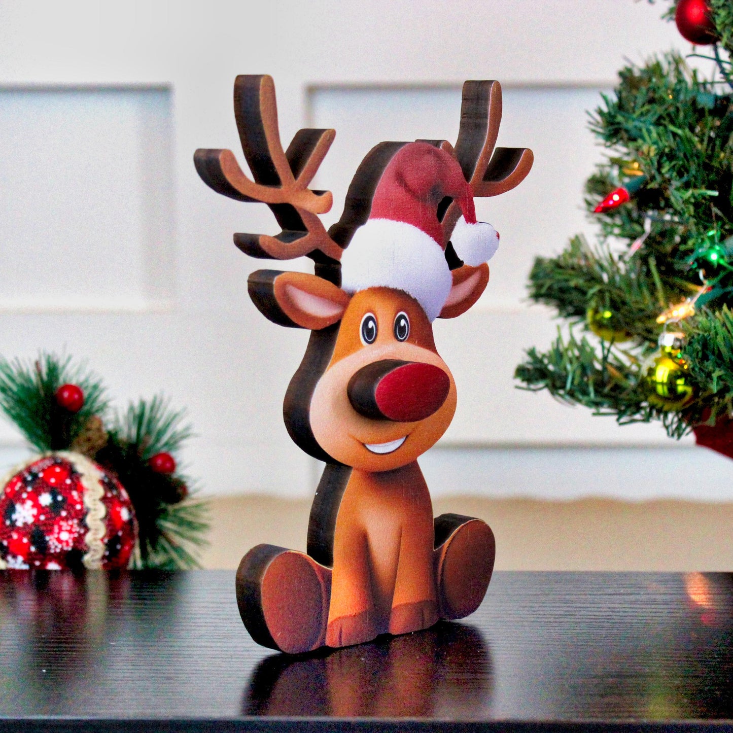Rustic Christmas Shelf Sitter, Layered Pine & Poplar Wood Christmas Decor with Red Nose Magic, Farmhouse Holiday Mantel or Tabletop Decor