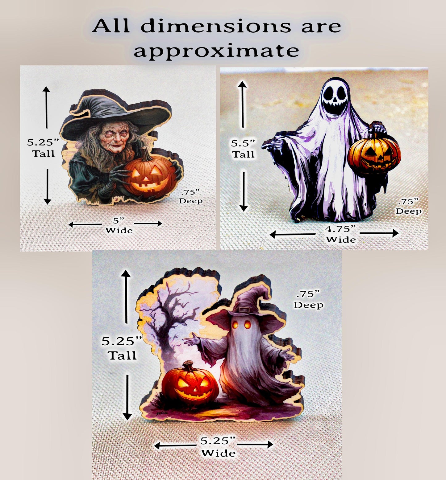 Halloween Shelf Sitters, Witch & Ghost Trio with Pumpkins – Personalized Wooden Halloween Decor, Bring The Magic of Halloween Into Your Home