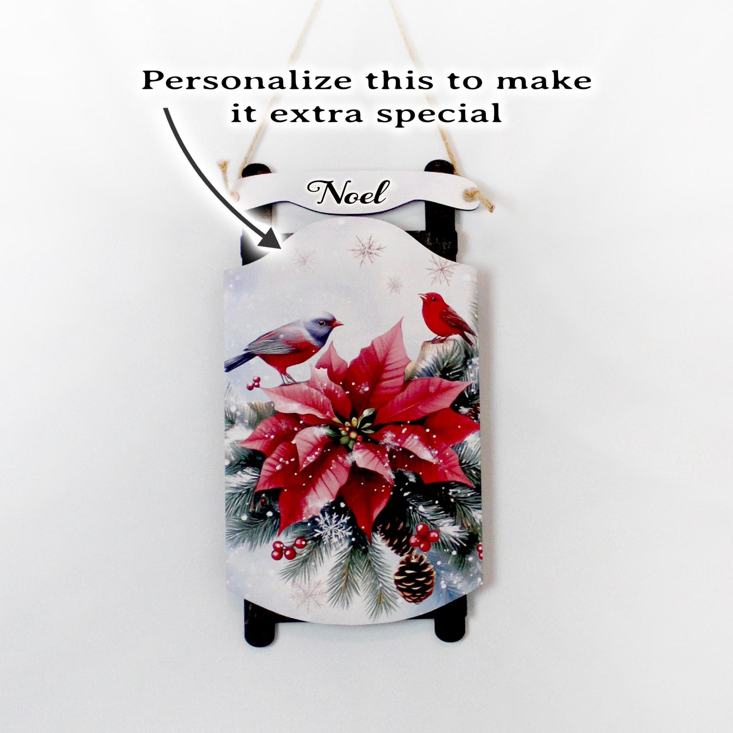 Poinsettia Sled Wall Hanging – Personalized Winter Birds Sign Bursting with Holiday Bloom, Breathe in The Pine-Scented Air On Your Porch