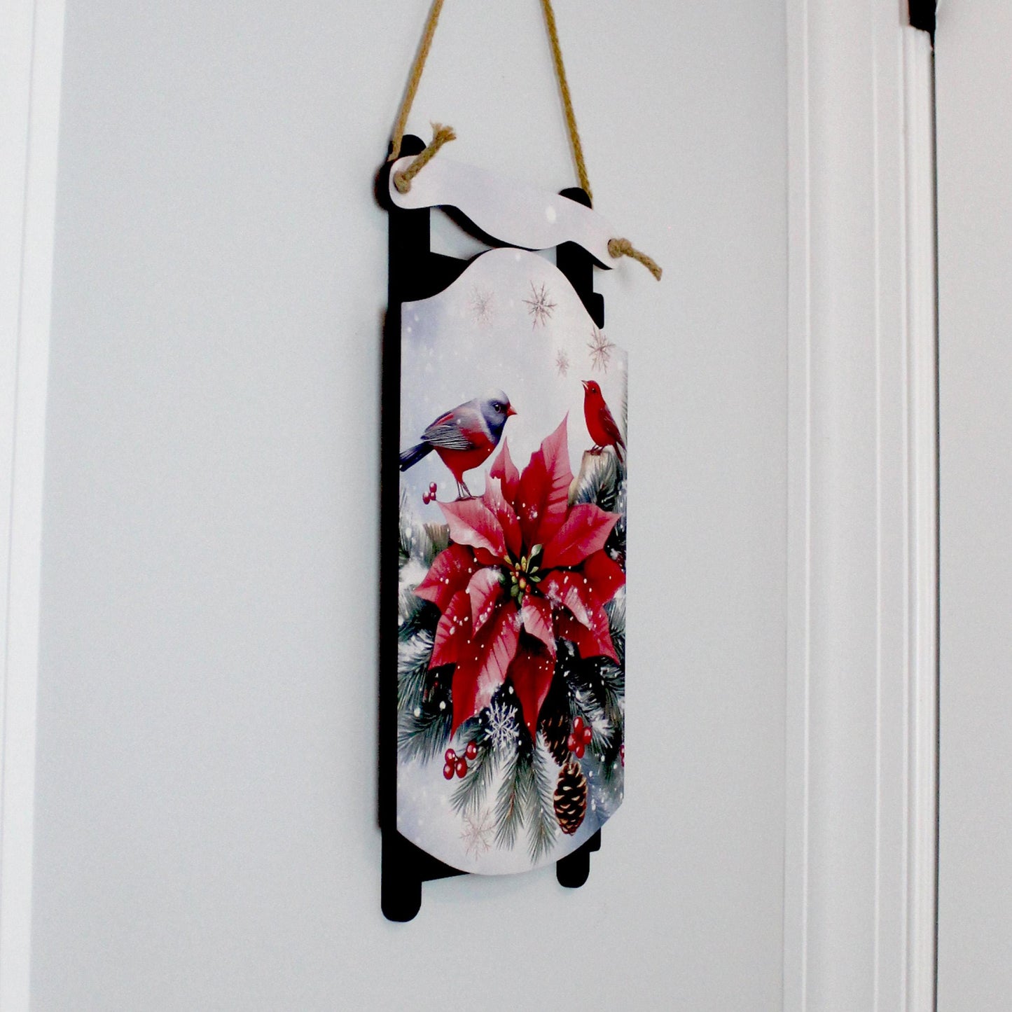 Poinsettia Sled Wall Hanging – Personalized Winter Birds Sign Bursting with Holiday Bloom, Breathe in The Pine-Scented Air On Your Porch
