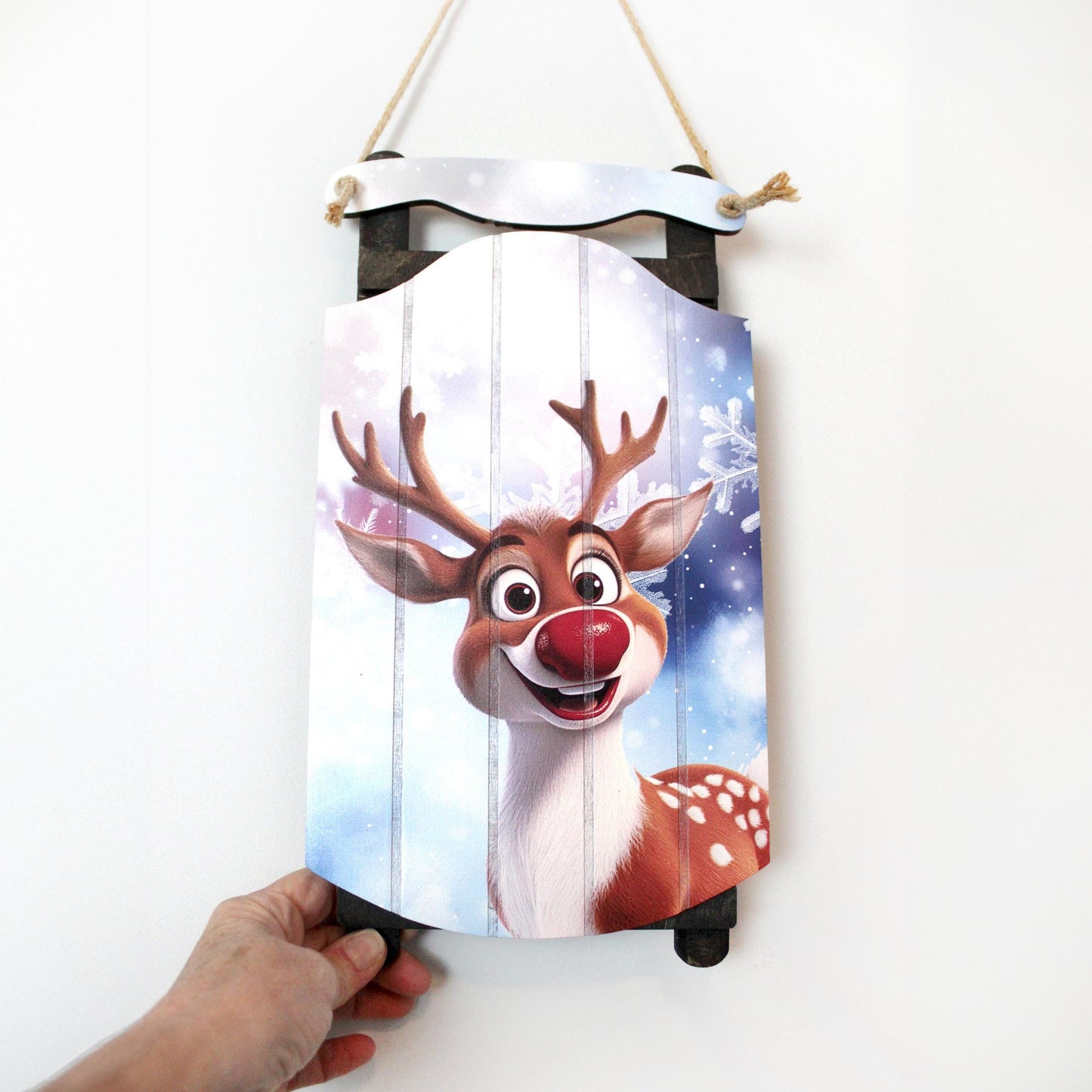 Rudolph Sled Wall Hanging – Personalize Red-Nosed Reindeer Sign for Storybook Holiday Cheer. Little Eyes Will Light Up When They See Rudolph