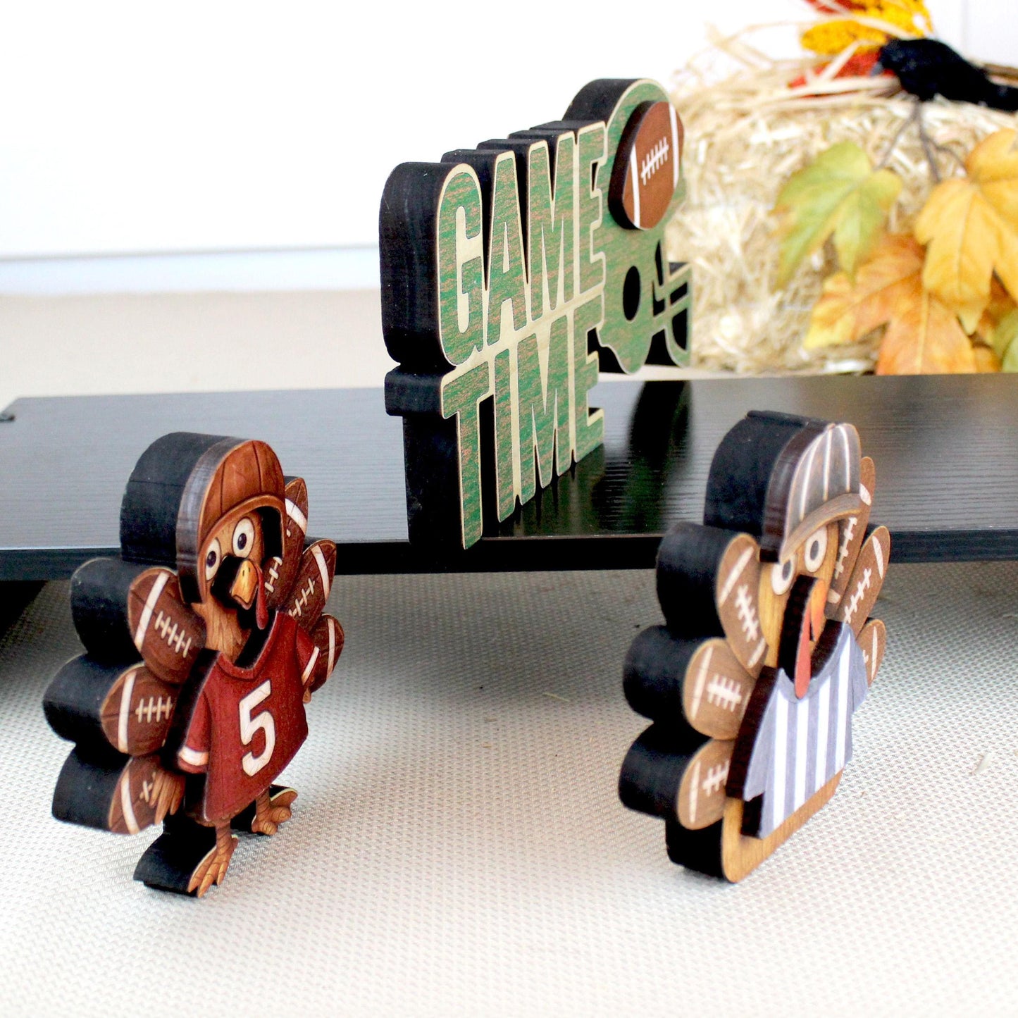 Football Turkey Shelf Sitter Set – “Game Time” Sign, Player & Referee, Personalized Jersey, Multi-Layered , a Touchdown of Team Spirit
