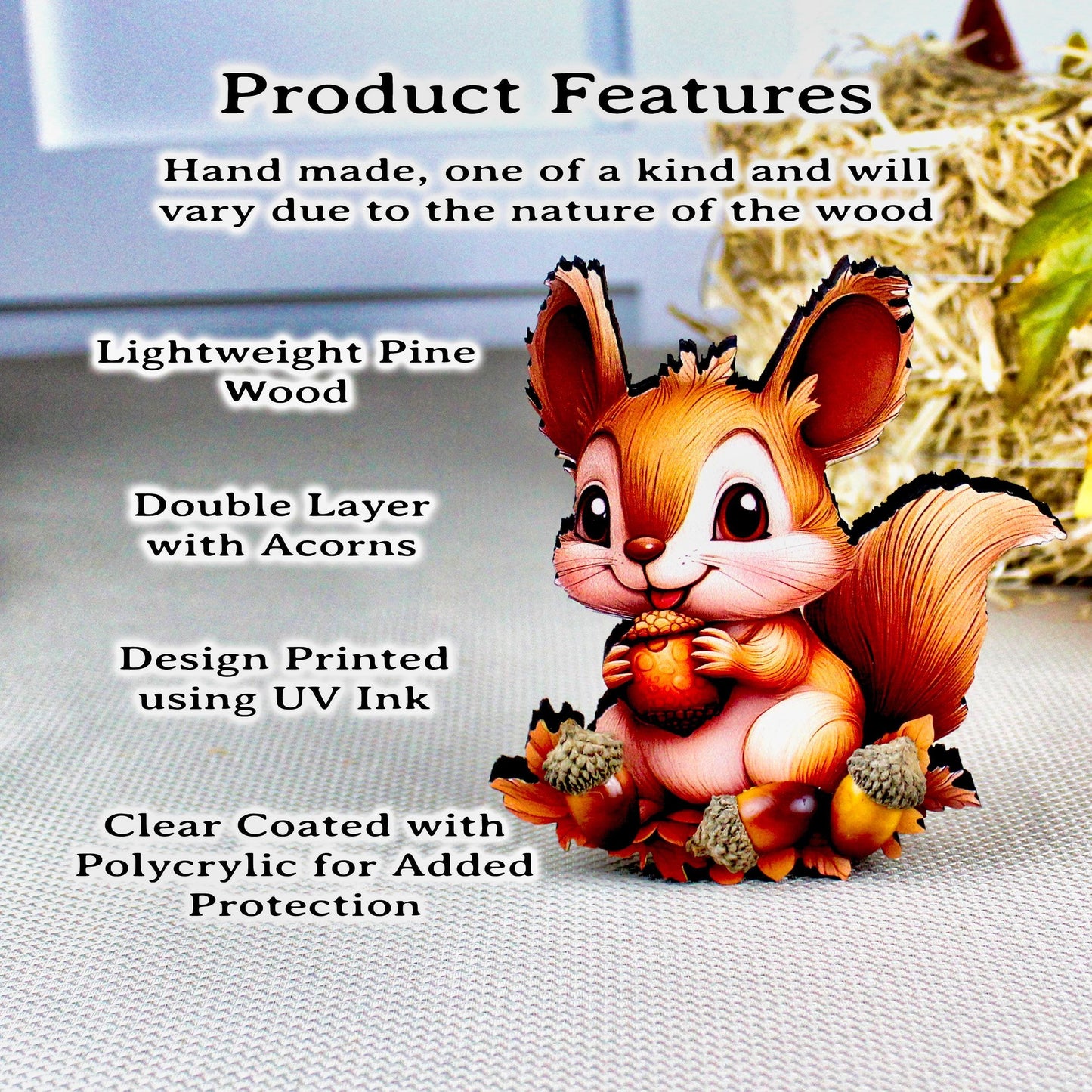 Fall Squirrel Shelf Sitter – “Autumn Joy” Personalized Woodland Critter Gift, Kids Room or Nursery Decor, Made from Solid Poplar Wood
