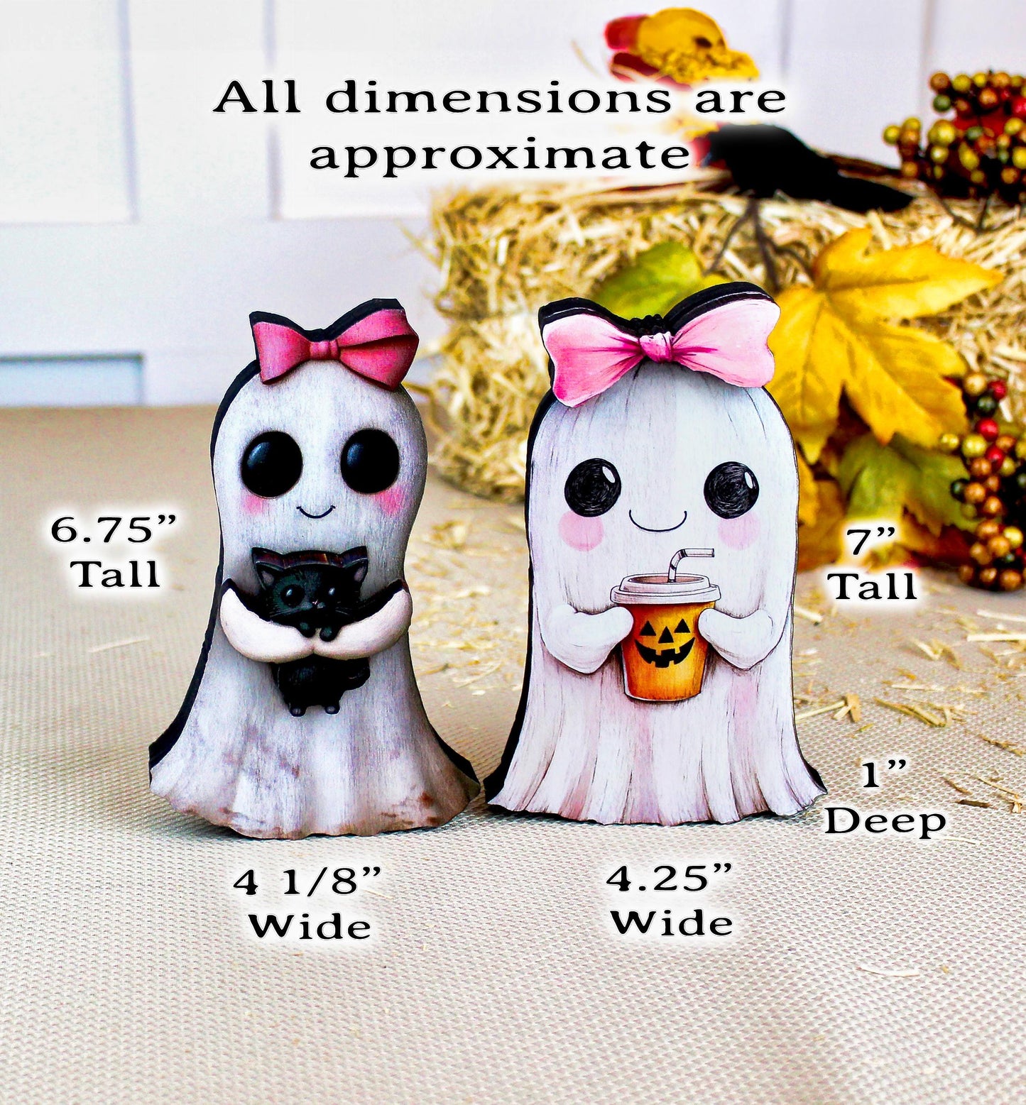Ghost Shelf Sitters – Personalized Girl Ghosts with Pink Bows, UV-Printed Poplar Wood Halloween Decor, Sweetly Spooky & Irresistibly Cute