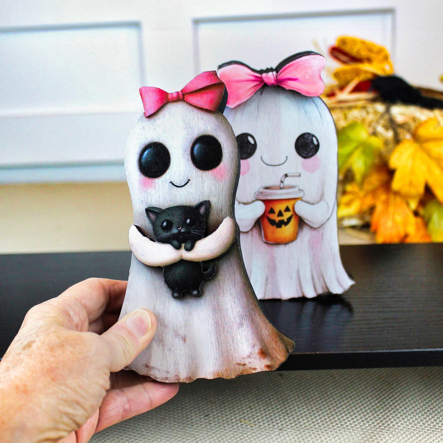 Ghost Shelf Sitters – Personalized Girl Ghosts with Pink Bows, UV-Printed Poplar Wood Halloween Decor, Sweetly Spooky & Irresistibly Cute